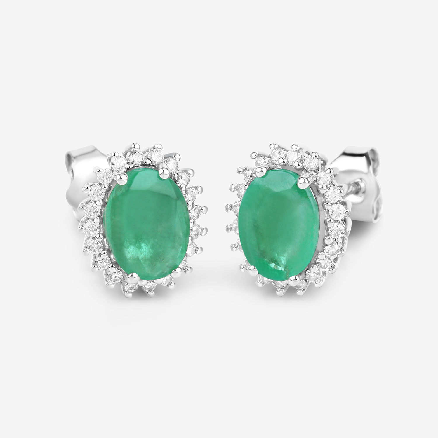 2.66 Carat Genuine Zambian Emerald and White Diamond 10K White Gold Earrings