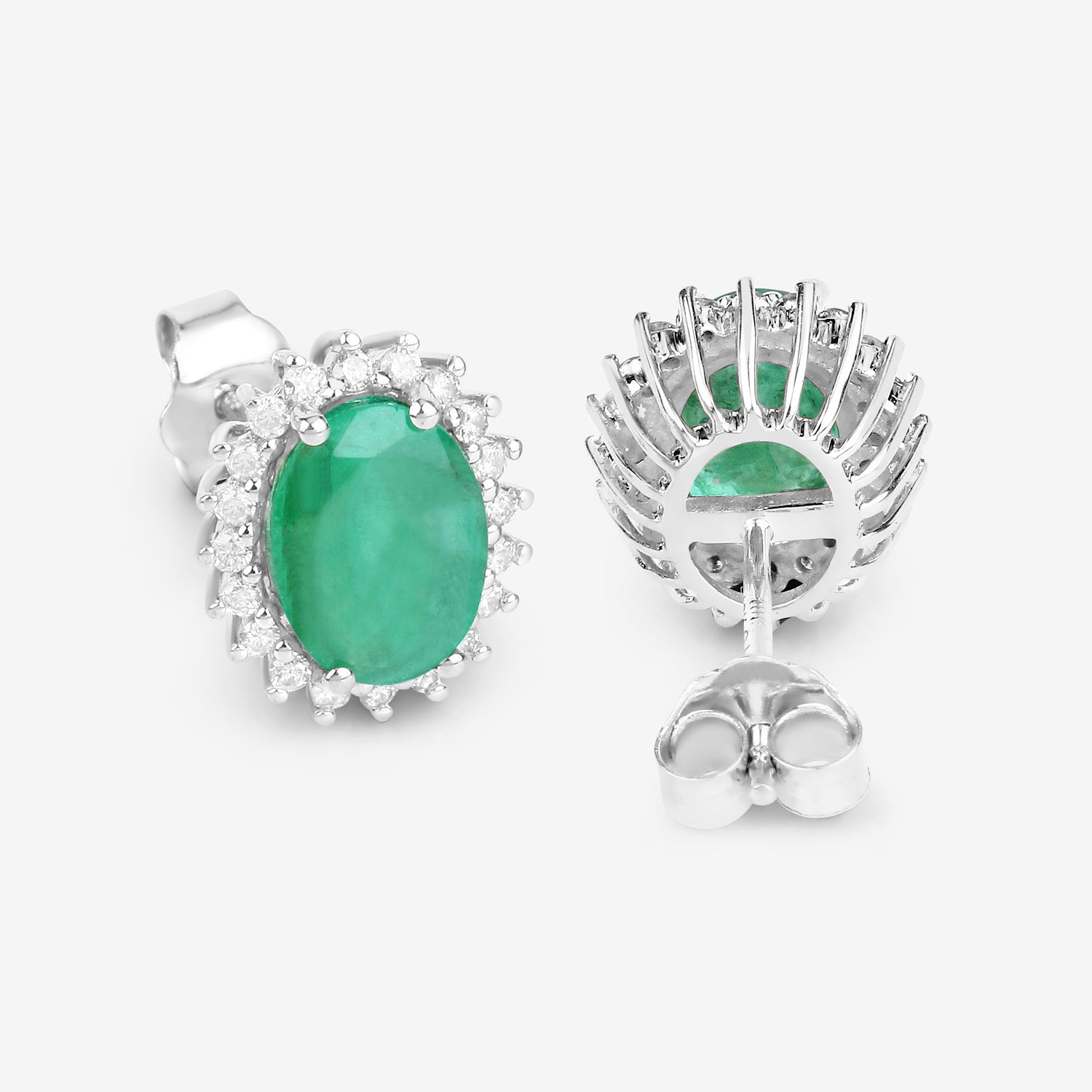 2.66 Carat Genuine Zambian Emerald and White Diamond 10K White Gold Earrings