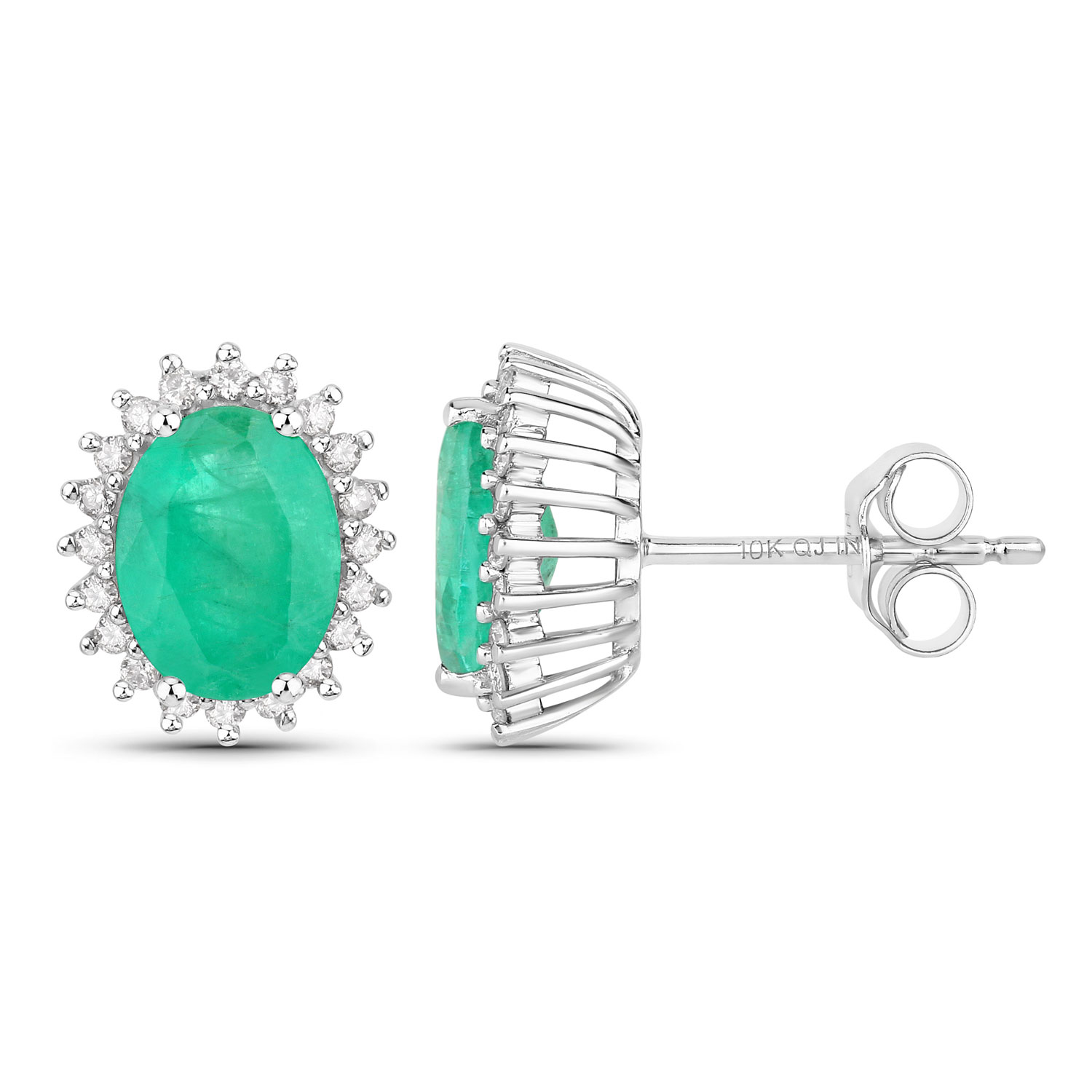 2.66 Carat Genuine Zambian Emerald and White Diamond 10K White Gold Earrings