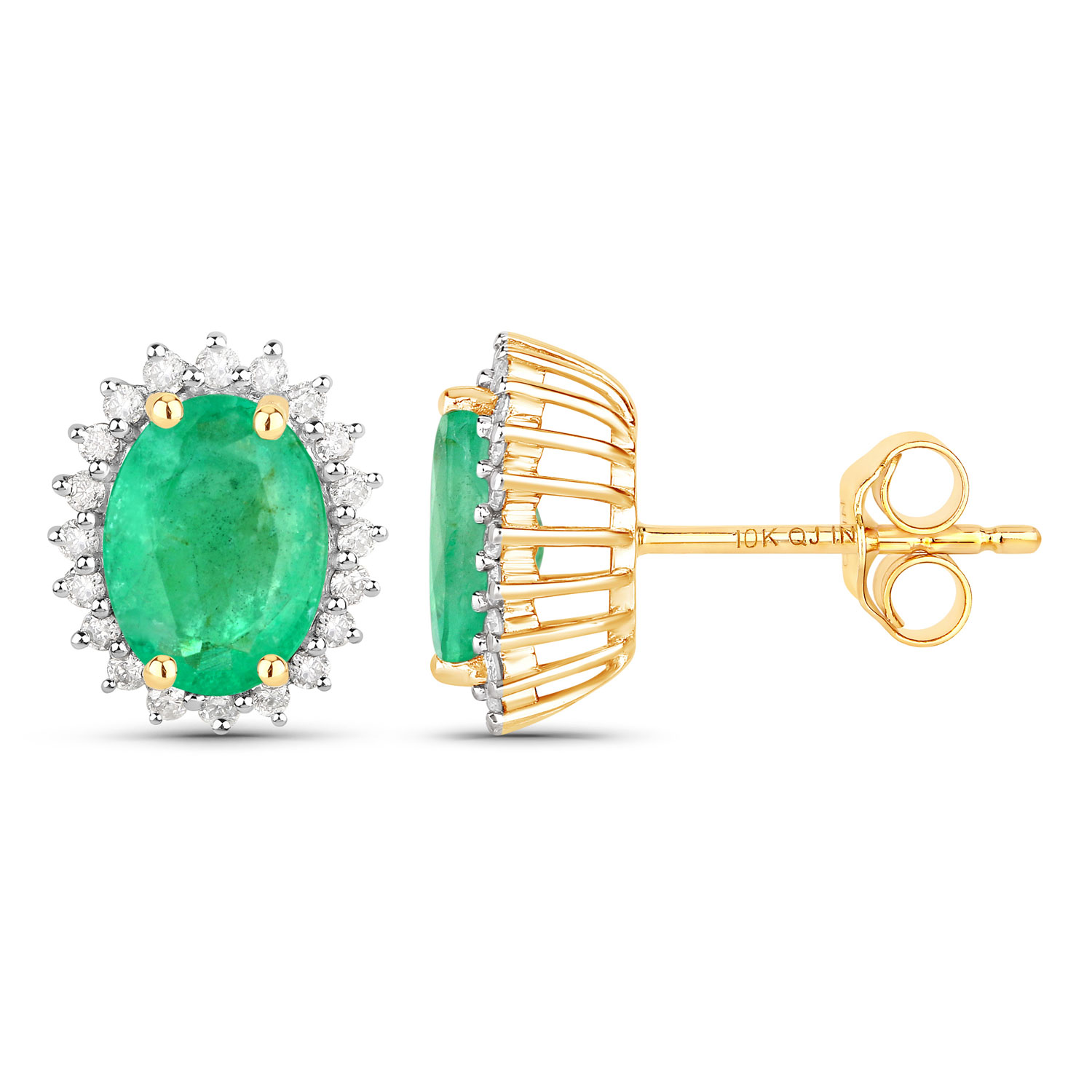 2.66 Carat Genuine Zambian Emerald and White Diamond 10K Yellow Gold Earrings