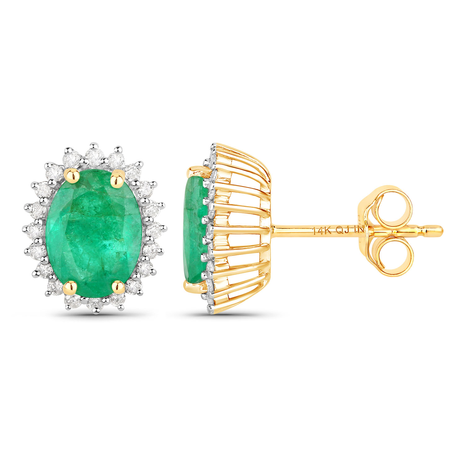 2.66 Carat Genuine Zambian Emerald and White Diamond 14K Yellow Gold Earrings