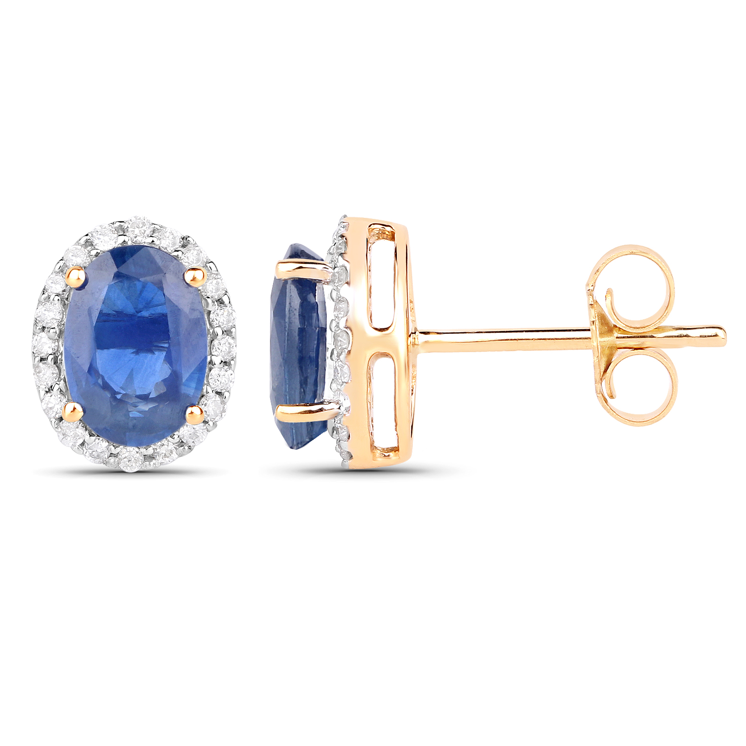 2.16 Carat Genuine Blue Sapphire and White Diamond 14K Yellow Gold Earrings