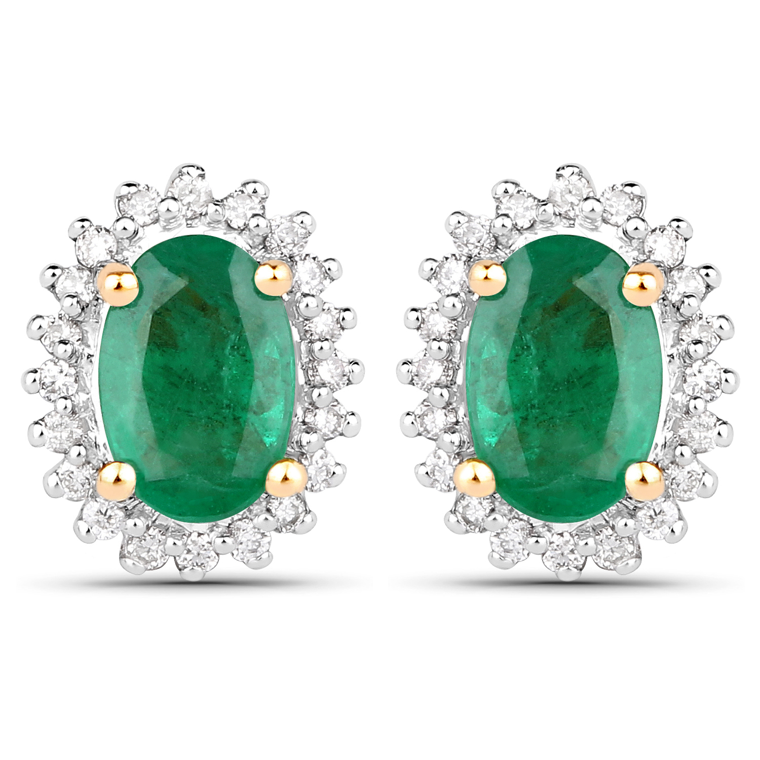1.00 Carat Genuine Zambian Emerald and White Diamond 18K Yellow Gold Earrings