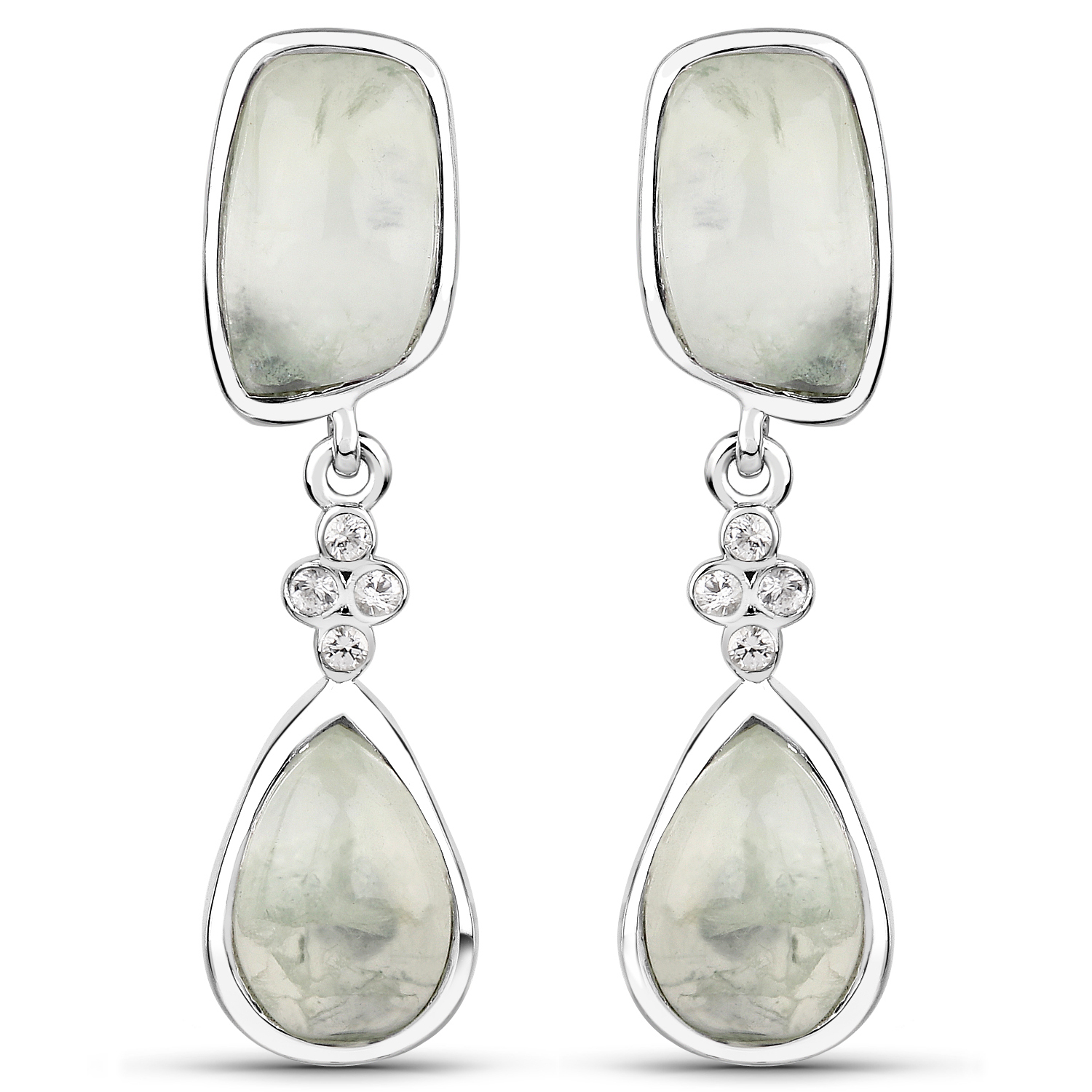 14.48 Carat Genuine Prehnite and White Topaz .925 Sterling Silver Earrings