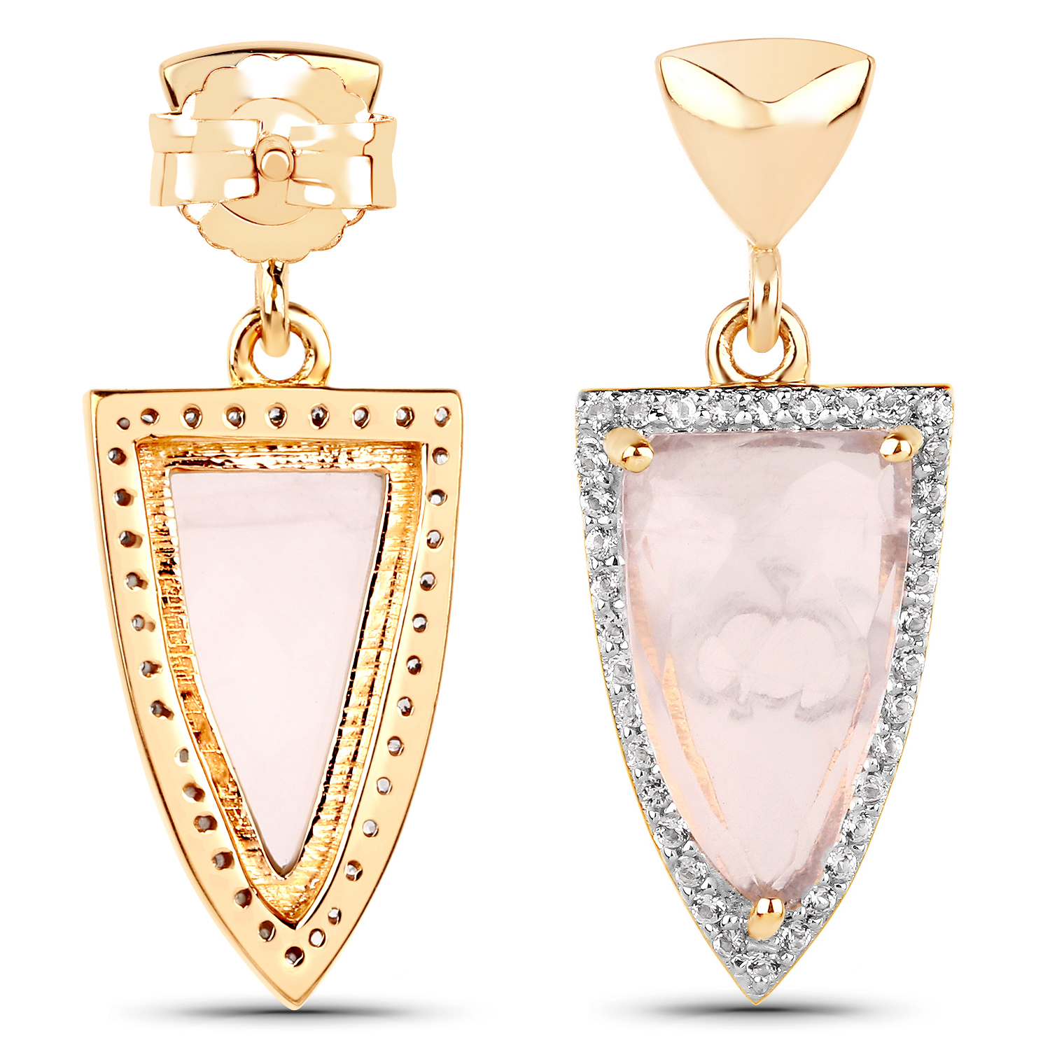 14K Yellow Gold Plated 7.36 Carat Genuine Rose Quartz and White Topaz .925 Sterling Silver Earrings