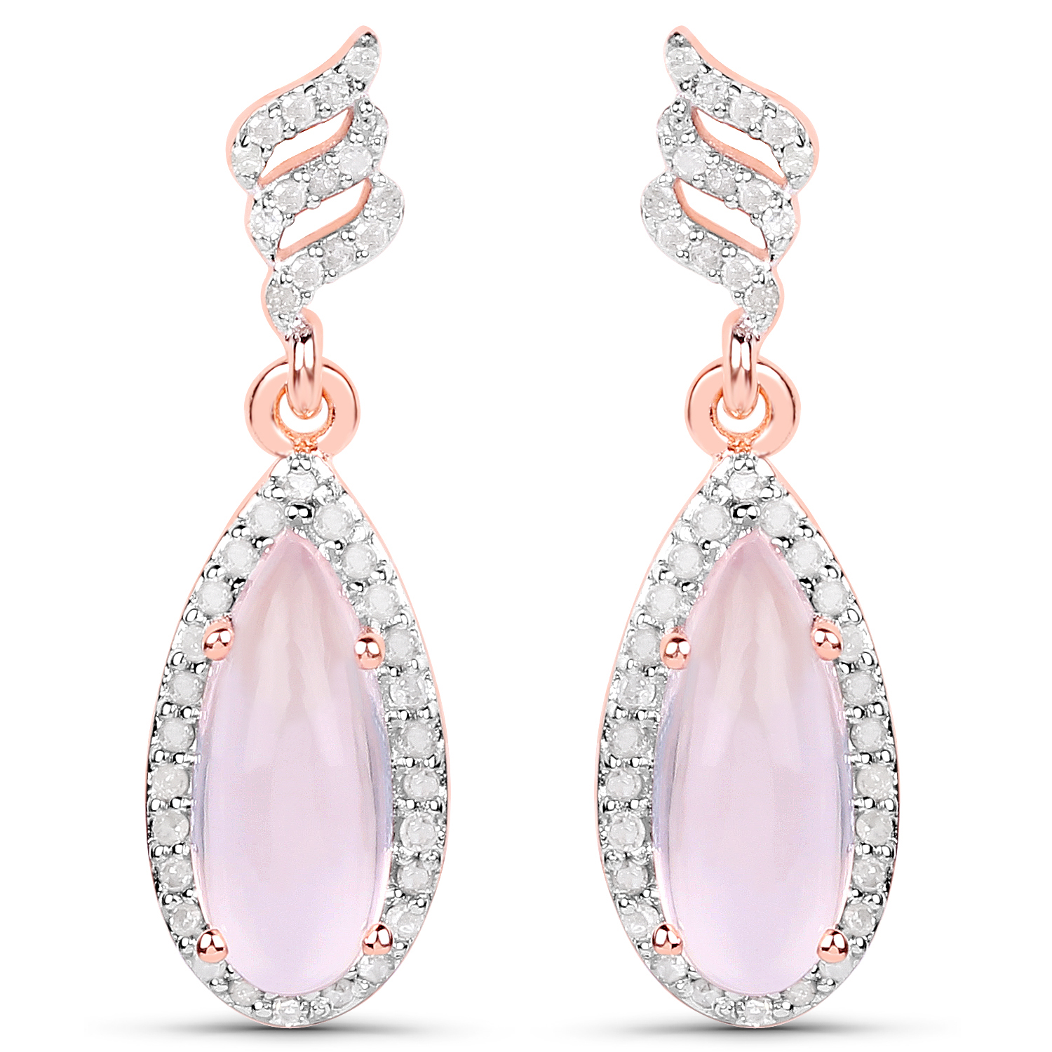 18K Rose Gold Plated 3.38 Carat Genuine Rose Quartz and White Diampond .925 Sterling Silver Earrings