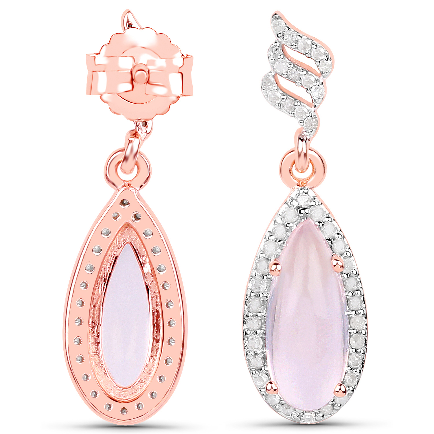 18K Rose Gold Plated 3.38 Carat Genuine Rose Quartz and White Diampond .925 Sterling Silver Earrings