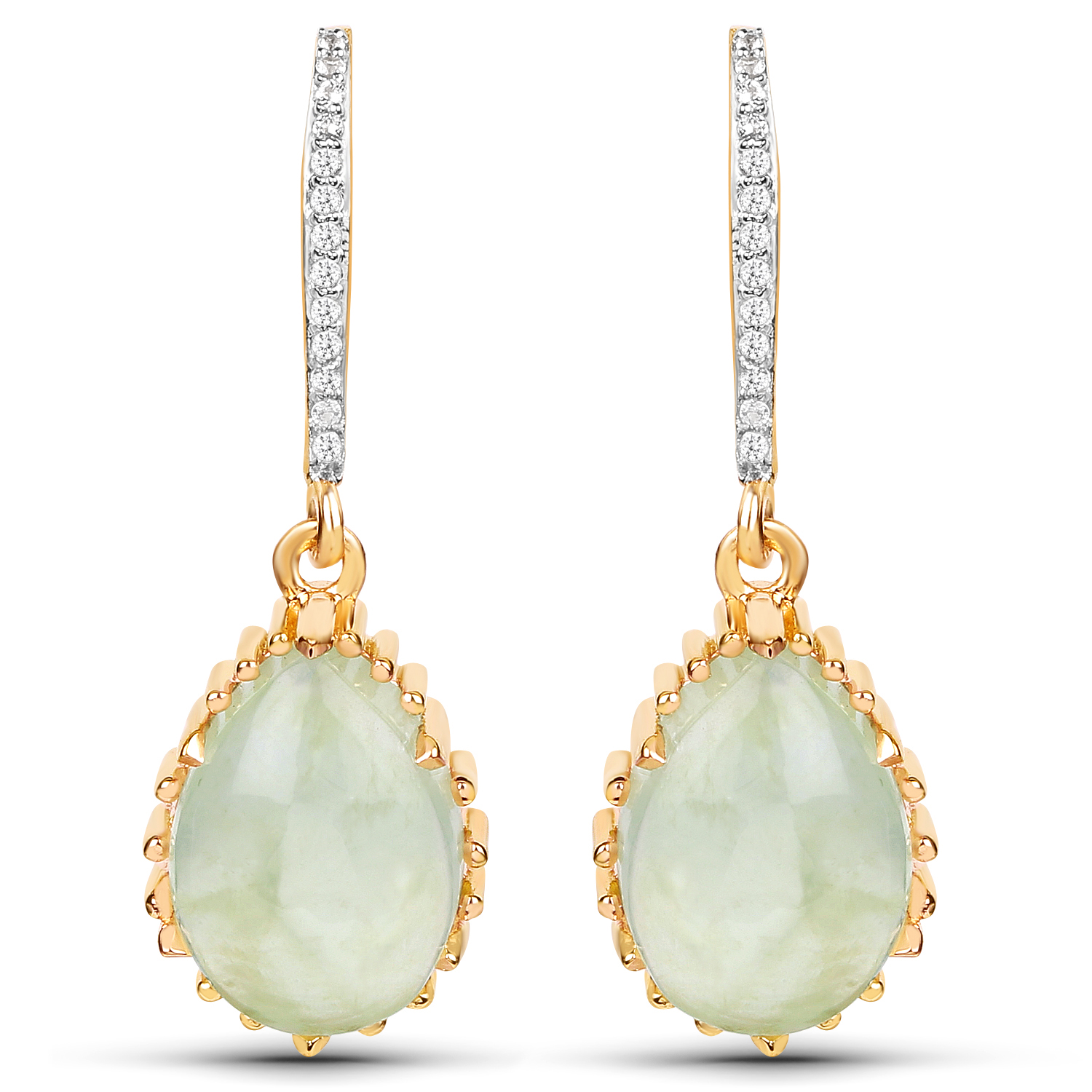 18K Yellow Gold Plated 9.81 Carat Genuine Prehnite and White Topaz .925 Sterling Silver Earrings