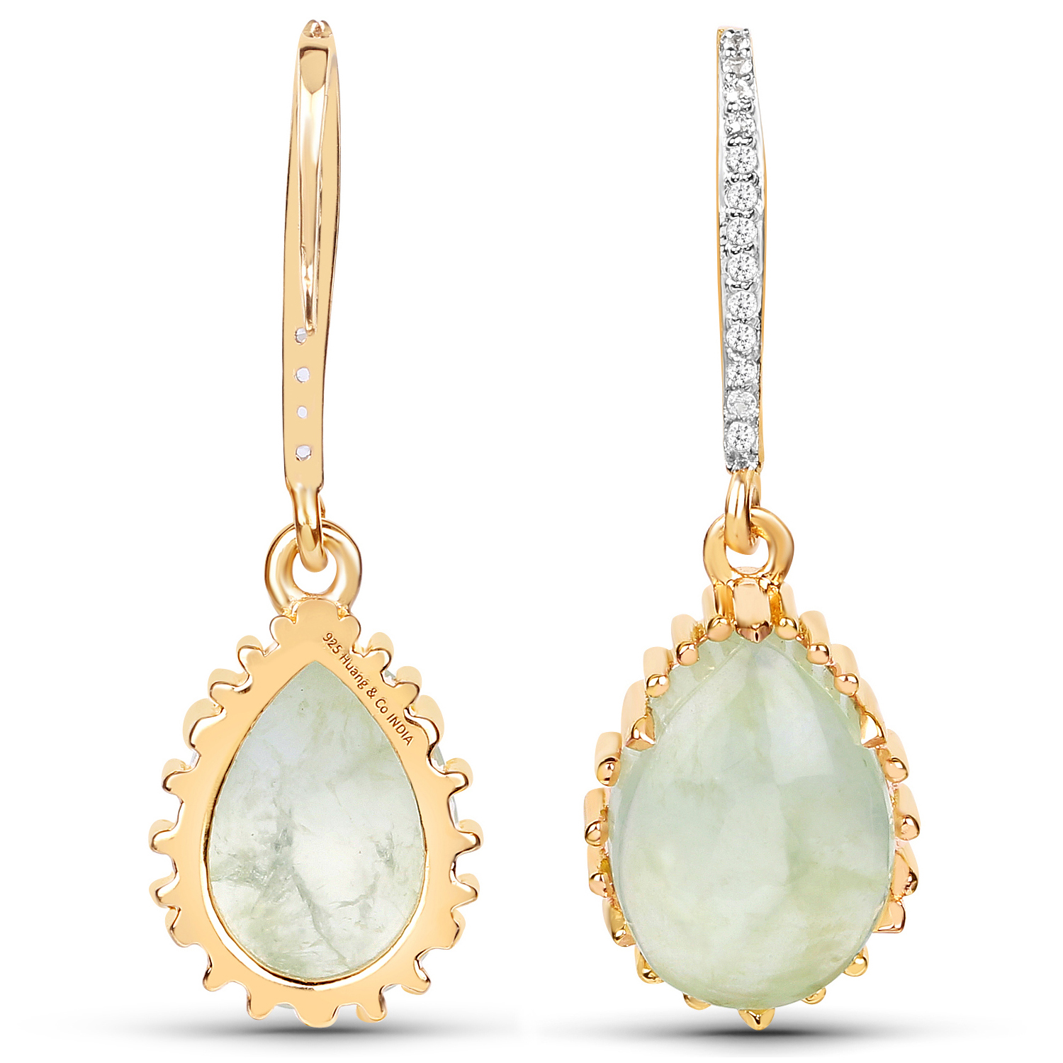 18K Yellow Gold Plated 9.81 Carat Genuine Prehnite and White Topaz .925 Sterling Silver Earrings