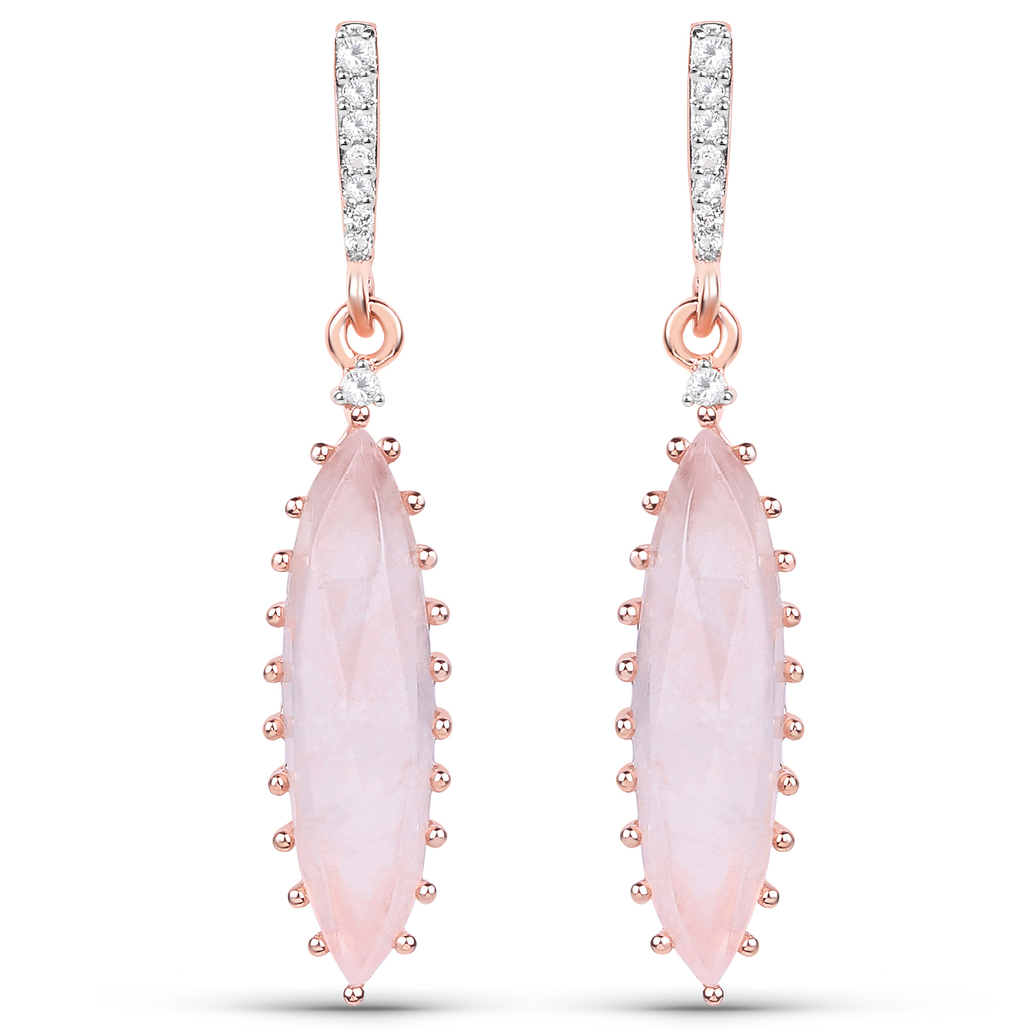 18K Rose Gold Plated 9.65 Carat Genuine Rose Quartz and White Topaz .925 Sterling Silver Earrings