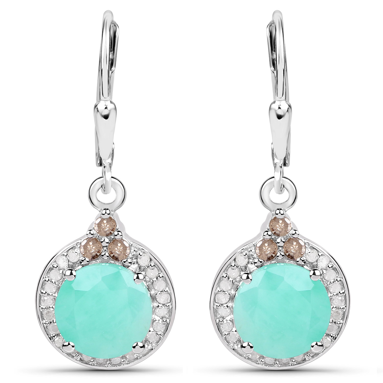 4.61 Carat Genuine Emerald, Champagne Diamond and White Diamond .925 Sterling Silver Earrings