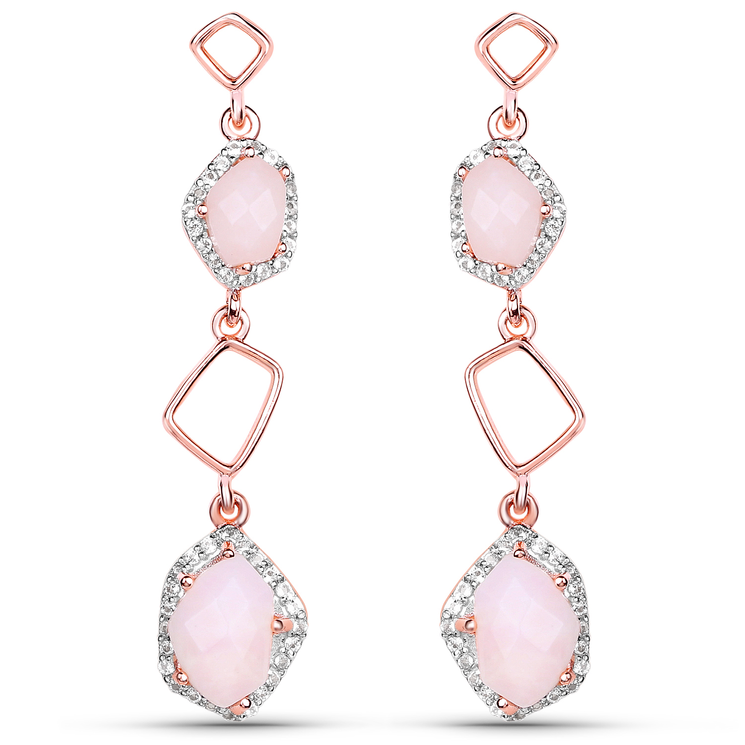 18K Rose Gold Plated 3.13 Carat Genuine Pink Opal and White Topaz .925 Sterling Silver Earrings