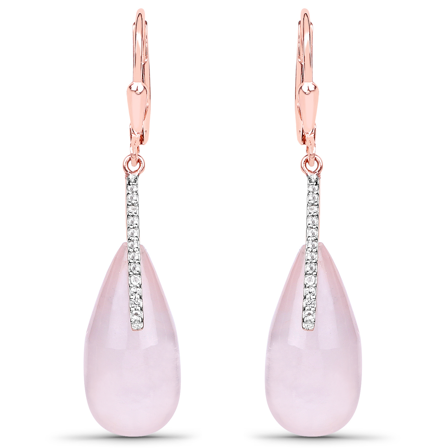 18K Rose Gold Plated 29.42 Carat Genuine Rose Quartz and White Topaz .925 Sterling Silver Earrings