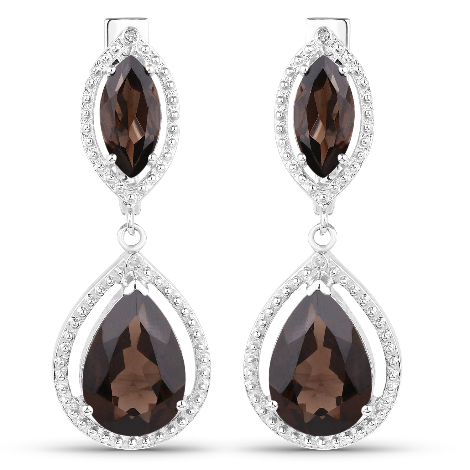13.48 Carat Genuine Smoky Quartz and White Diamond .925 Sterling Silver Earrings