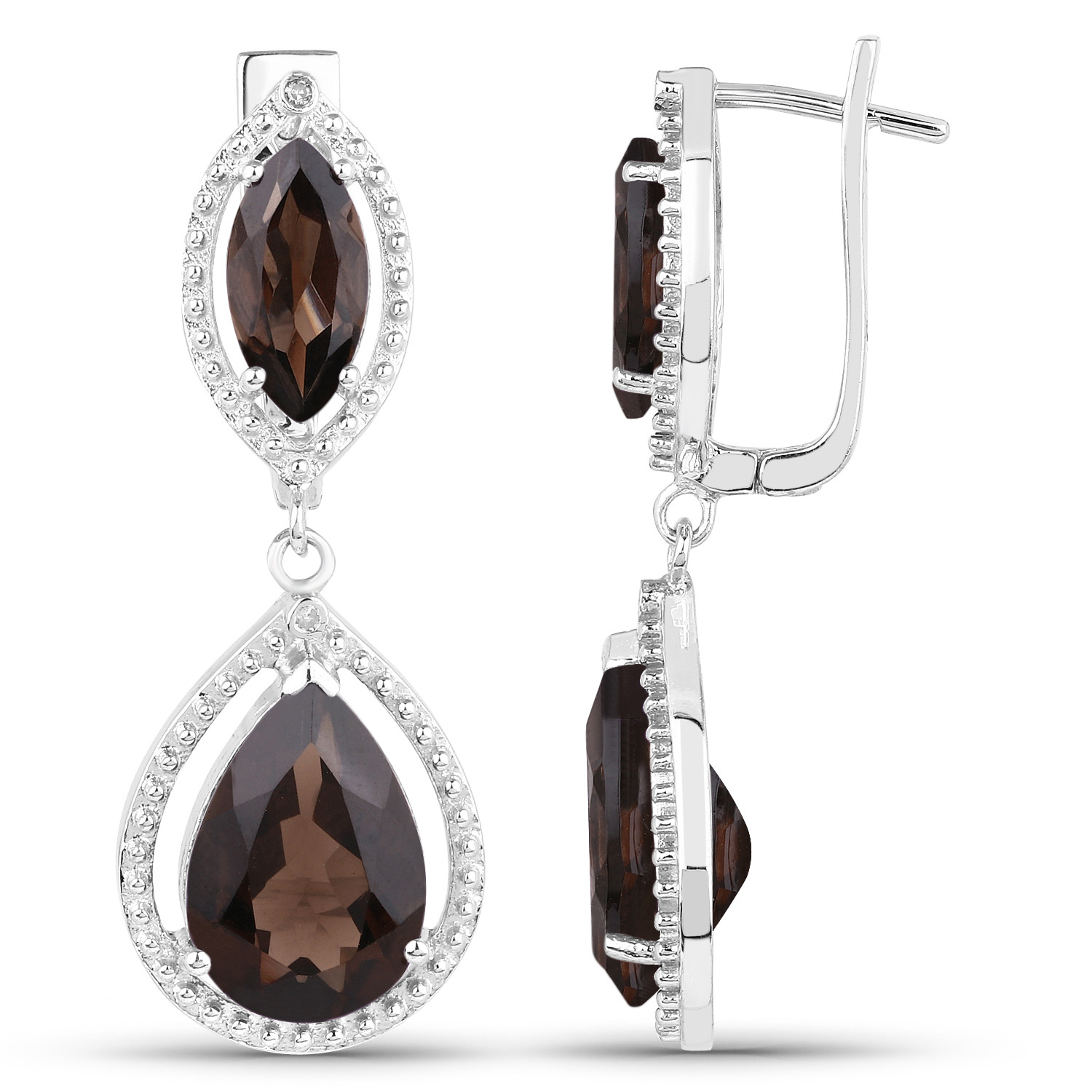 13.48 Carat Genuine Smoky Quartz and White Diamond .925 Sterling Silver Earrings