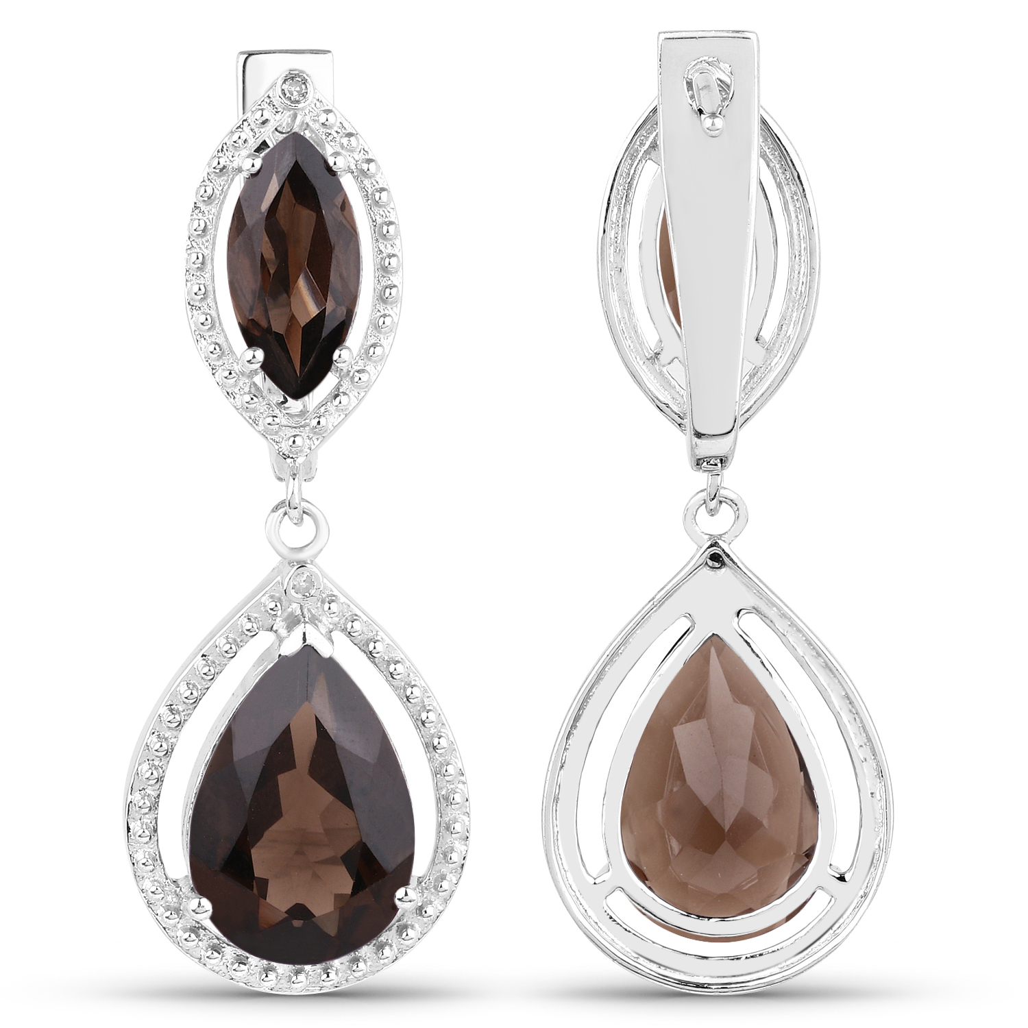 13.48 Carat Genuine Smoky Quartz and White Diamond .925 Sterling Silver Earrings