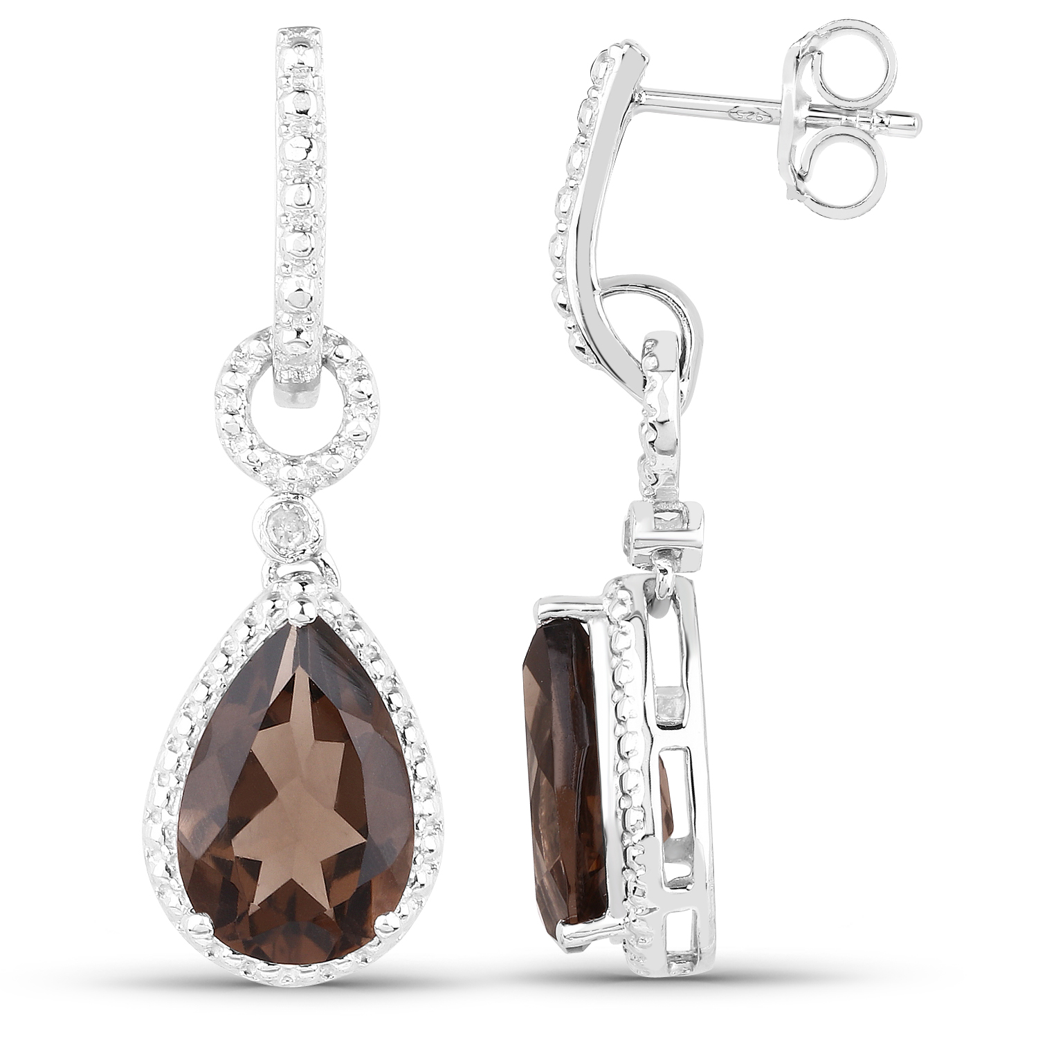 5.62 Carat Genuine Smoky Quartz and White Diamond .925 Sterling Silver Earrings