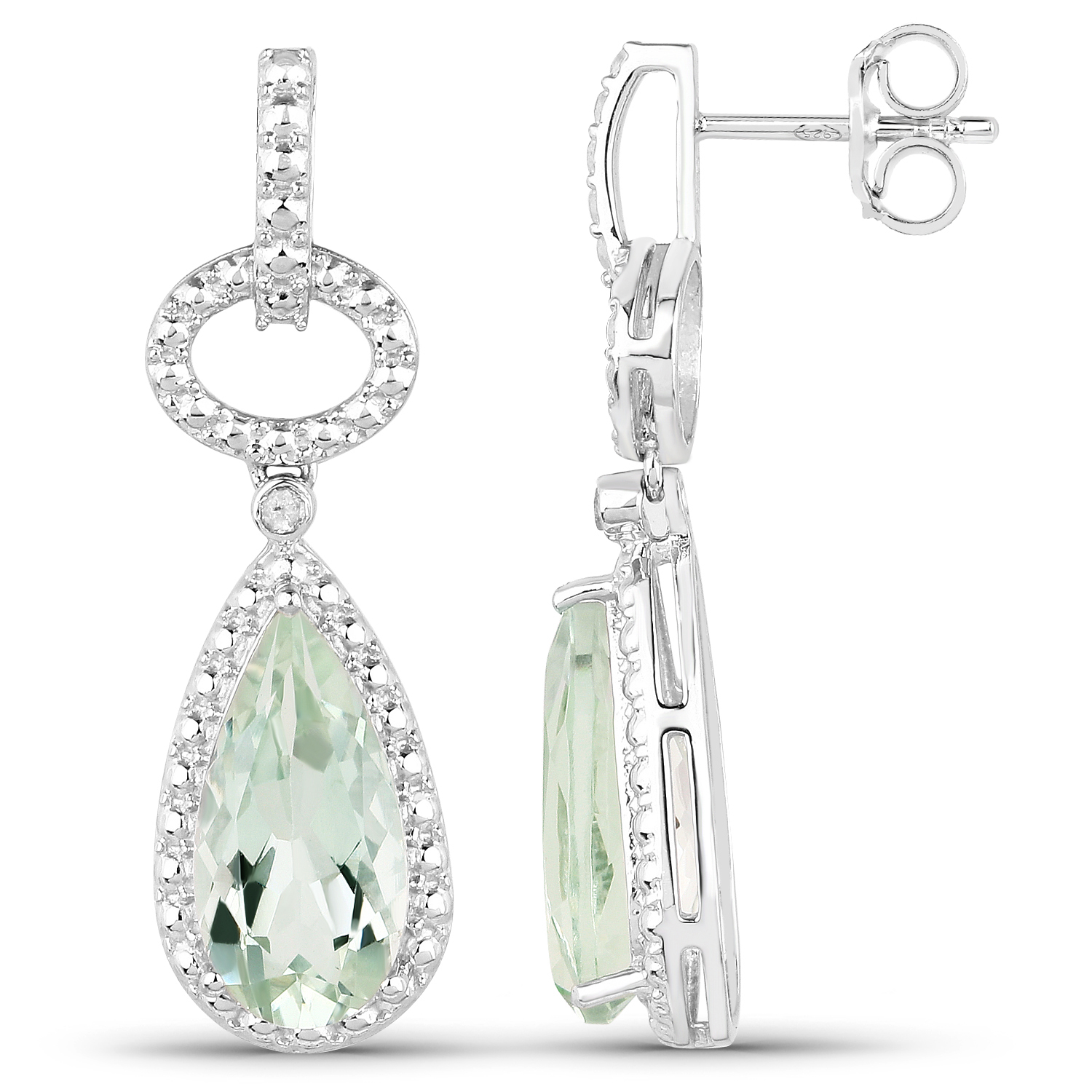 5.40 Carat Genuine Green Amethyst and White Diamond .925 Sterling Silver Earrings