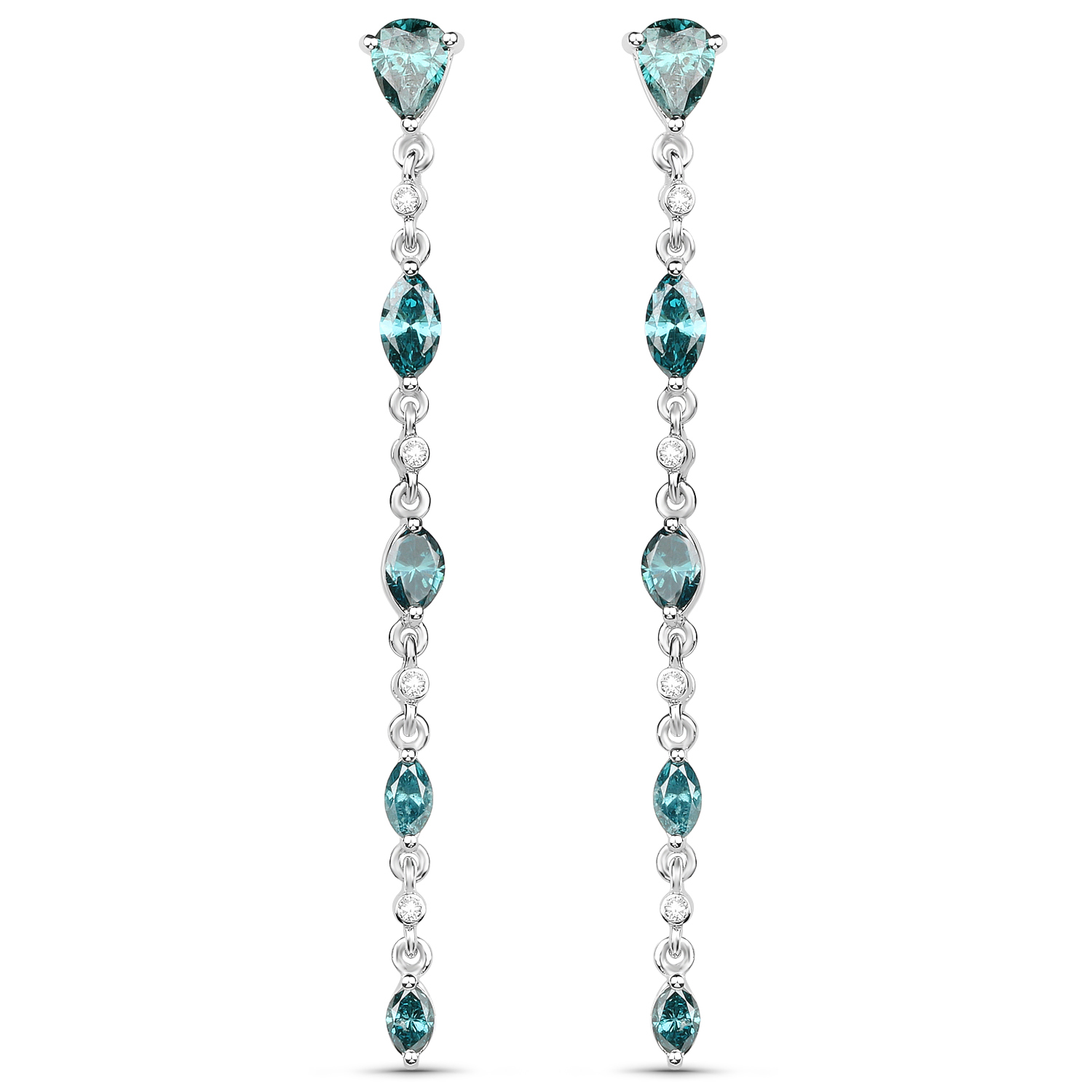 14K White Gold 3.42 Carat Genuine Blue Diamond and White Diamond Earrings