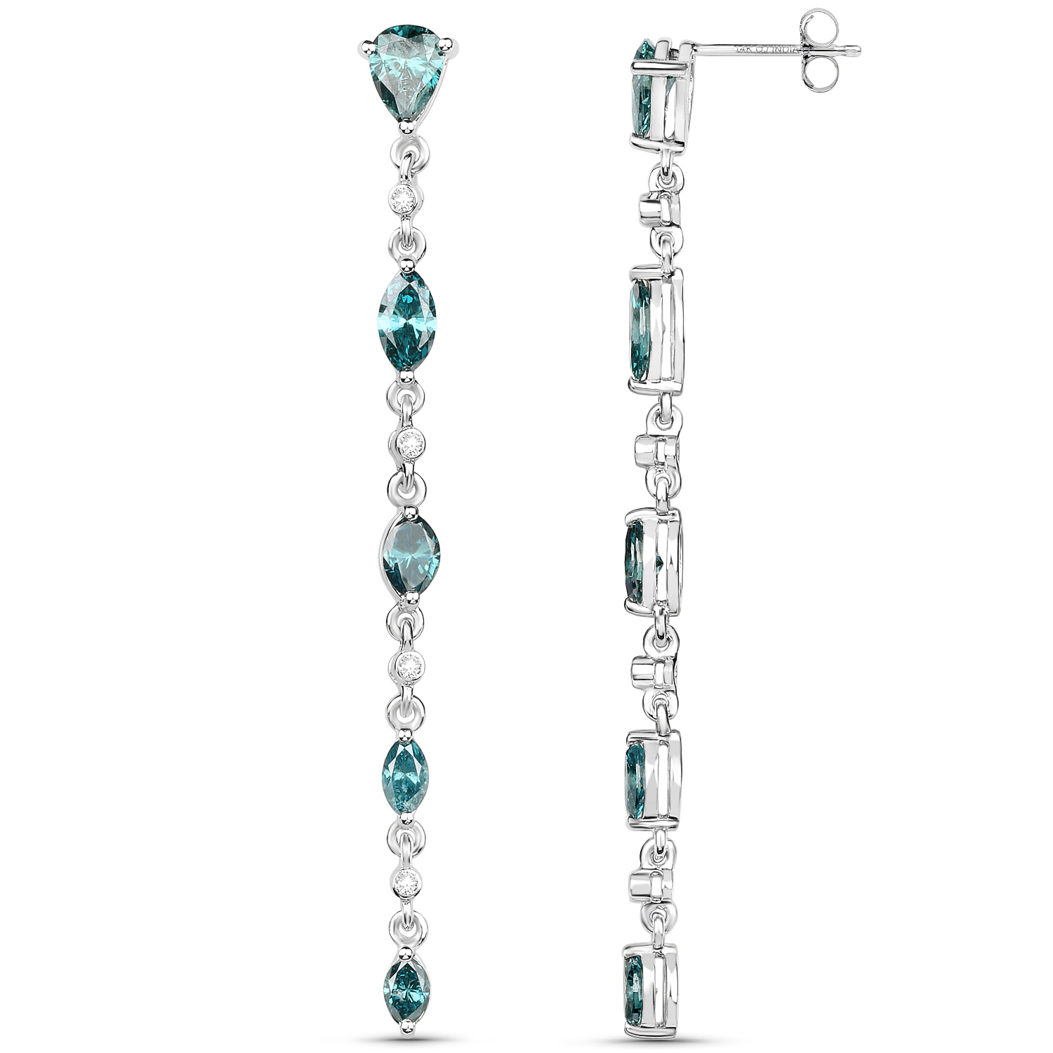 14K White Gold 3.42 Carat Genuine Blue Diamond and White Diamond Earrings