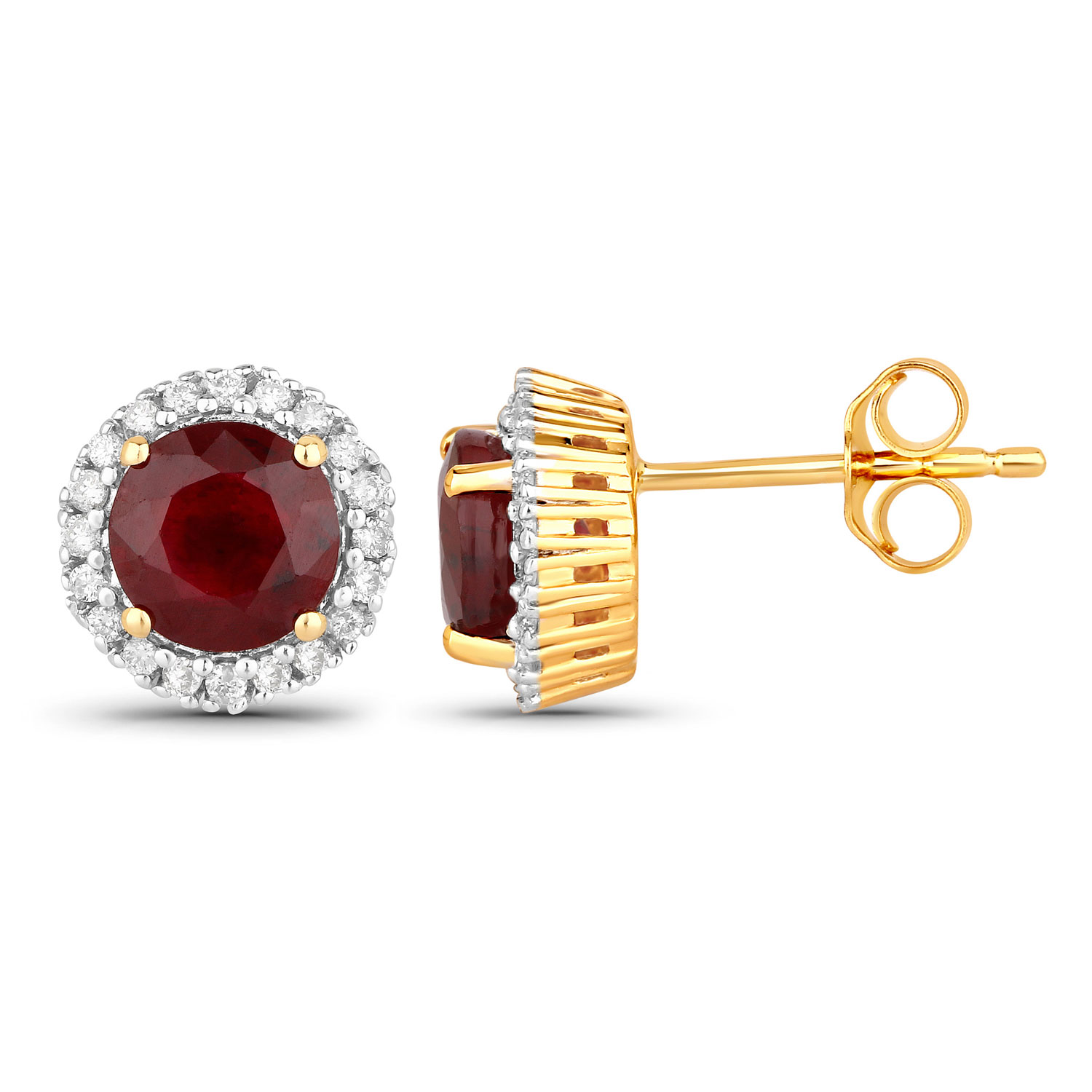 2.14 Carat Genuine Ruby and White Diamond 14K Yellow Gold Earrings
