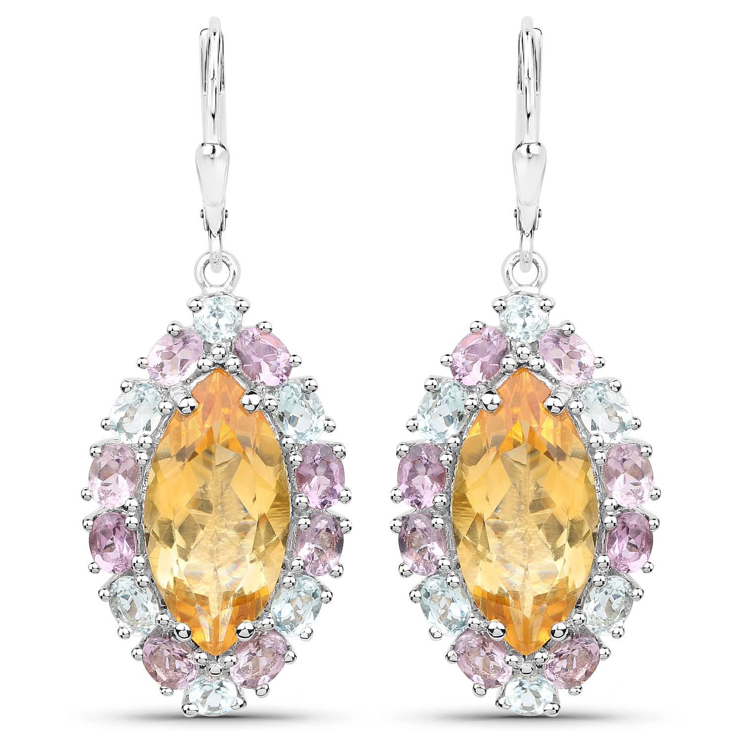 27.20 Carat Genuine Citrine, Blue Topaz and Pink Amethyst .925 Sterling Silver Earrings