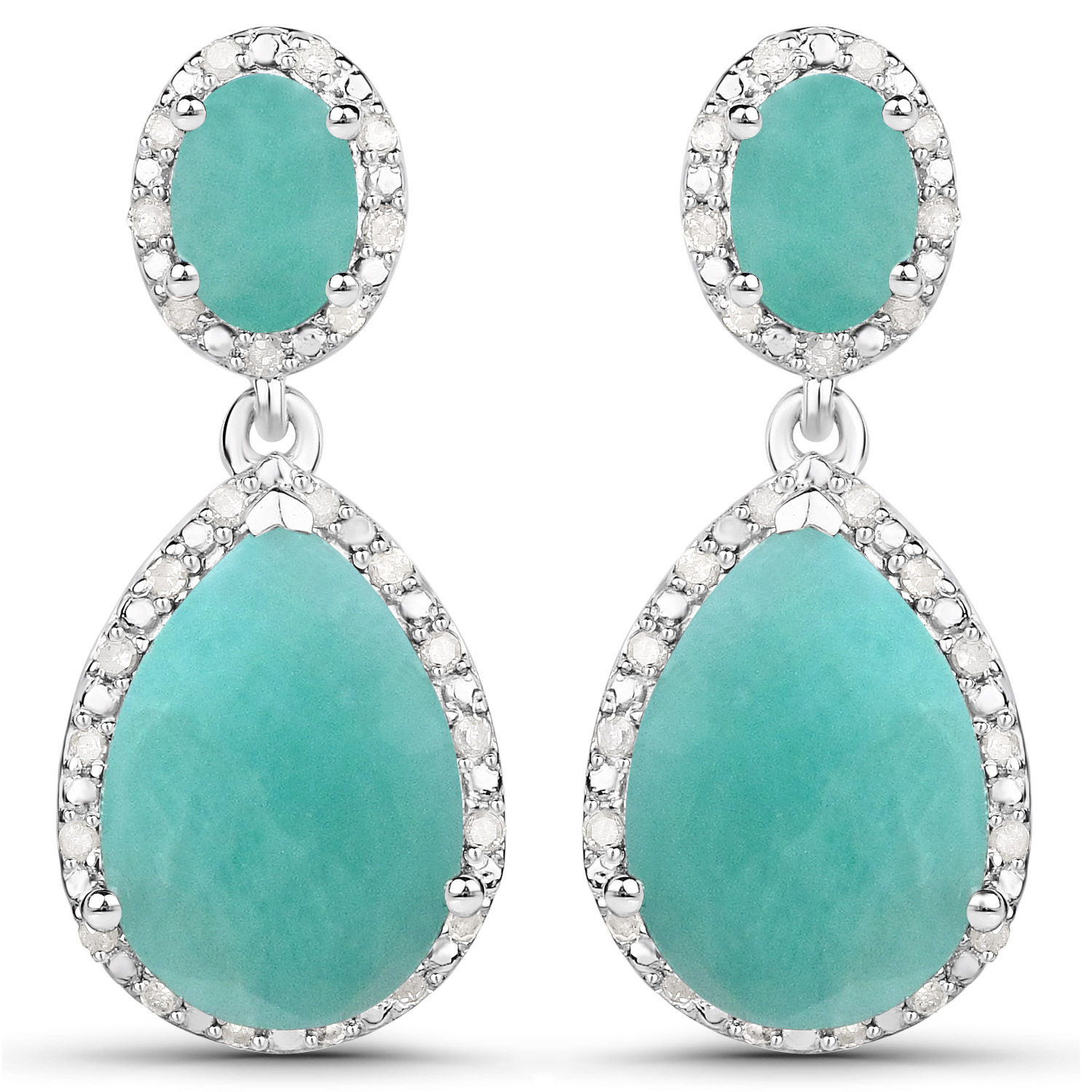 9.64 Carat Genuine Emerald and White Diamond .925 Sterling Silver Earrings