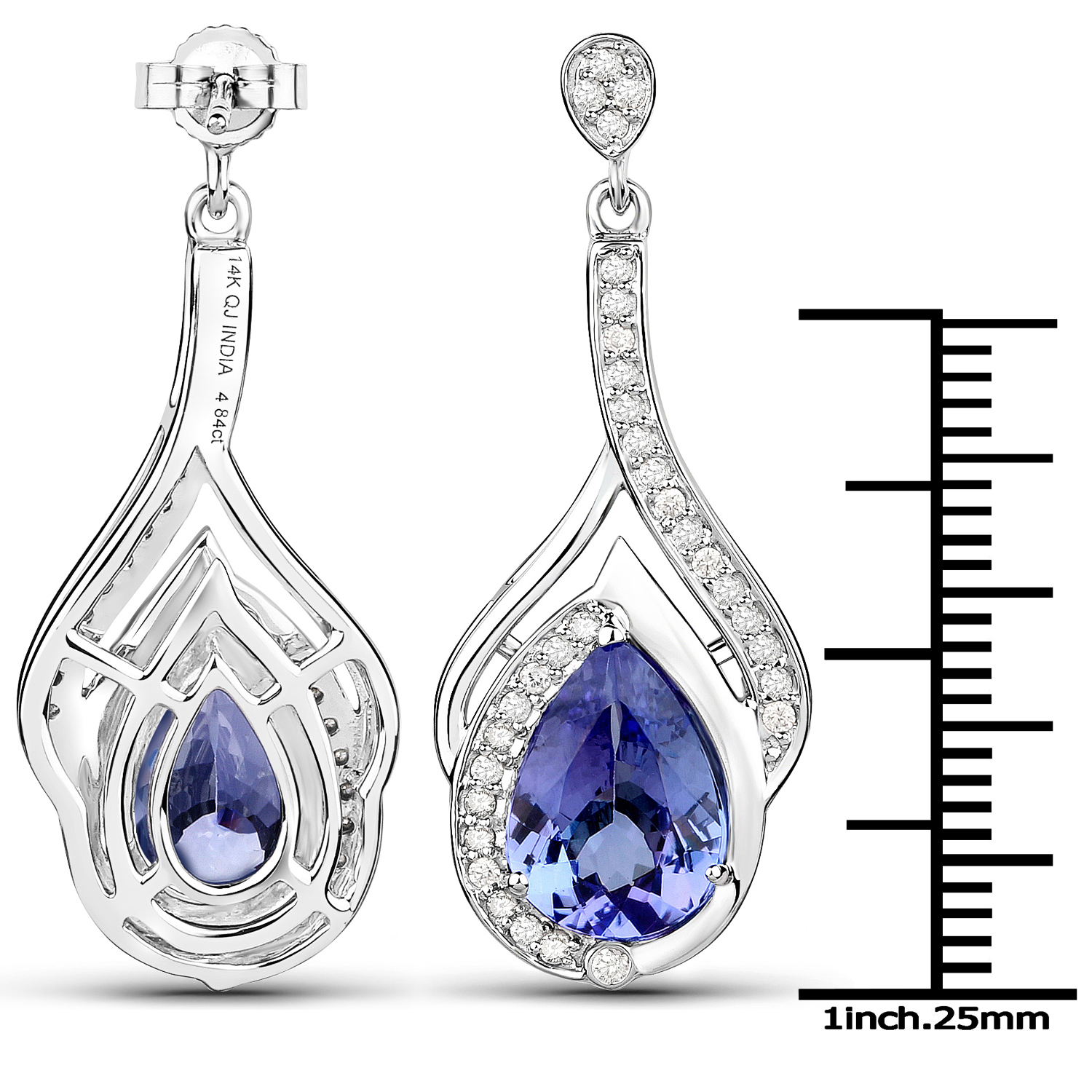 14K White Gold 5.47 Carat Genuine Tanzanite and White Diamond Earrings