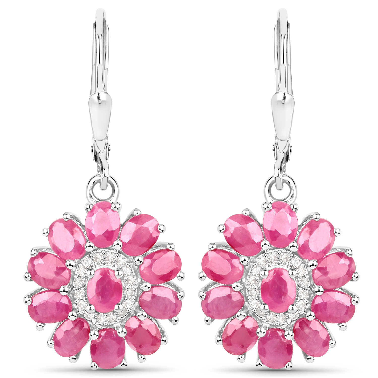 4.97 Carat Genuine Ruby and White Diamond .925 Sterling Silver Earrings