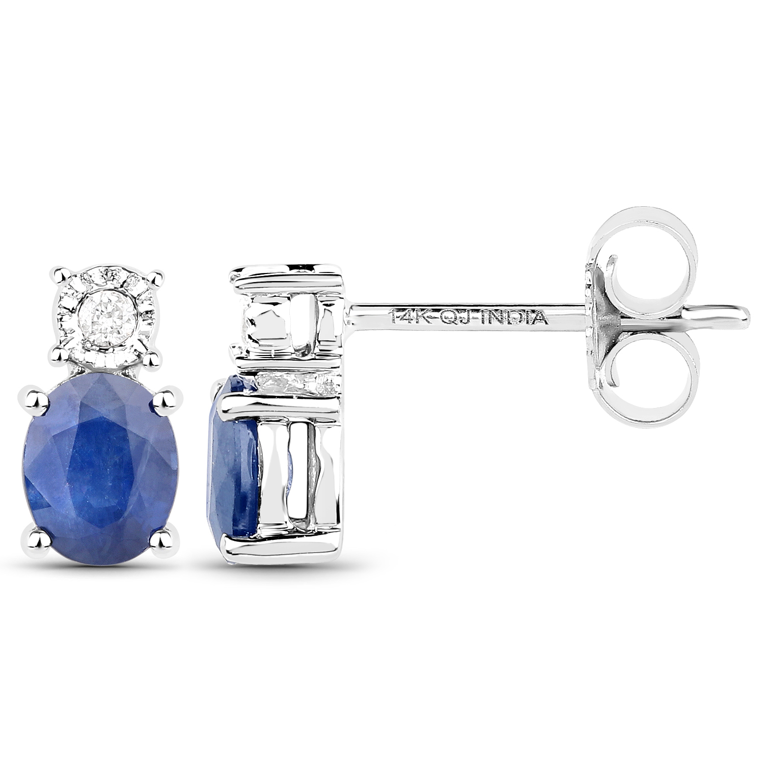 0.71 Carat Genuine Blue Sapphire and White Diamond 14K White Gold Earrings