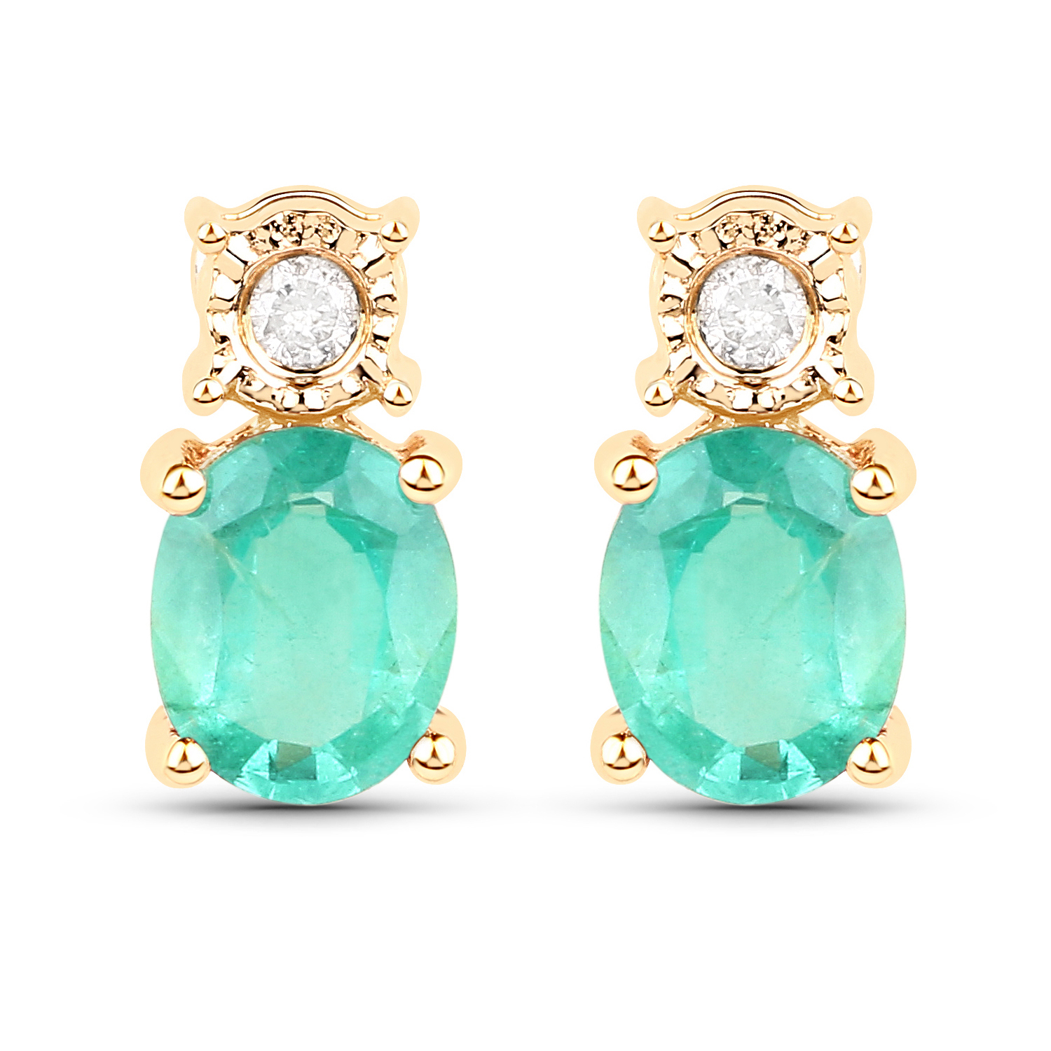 0.63 Carat Genuine Zambian Emerald and White Diamond 14K Yellow Gold Earrings