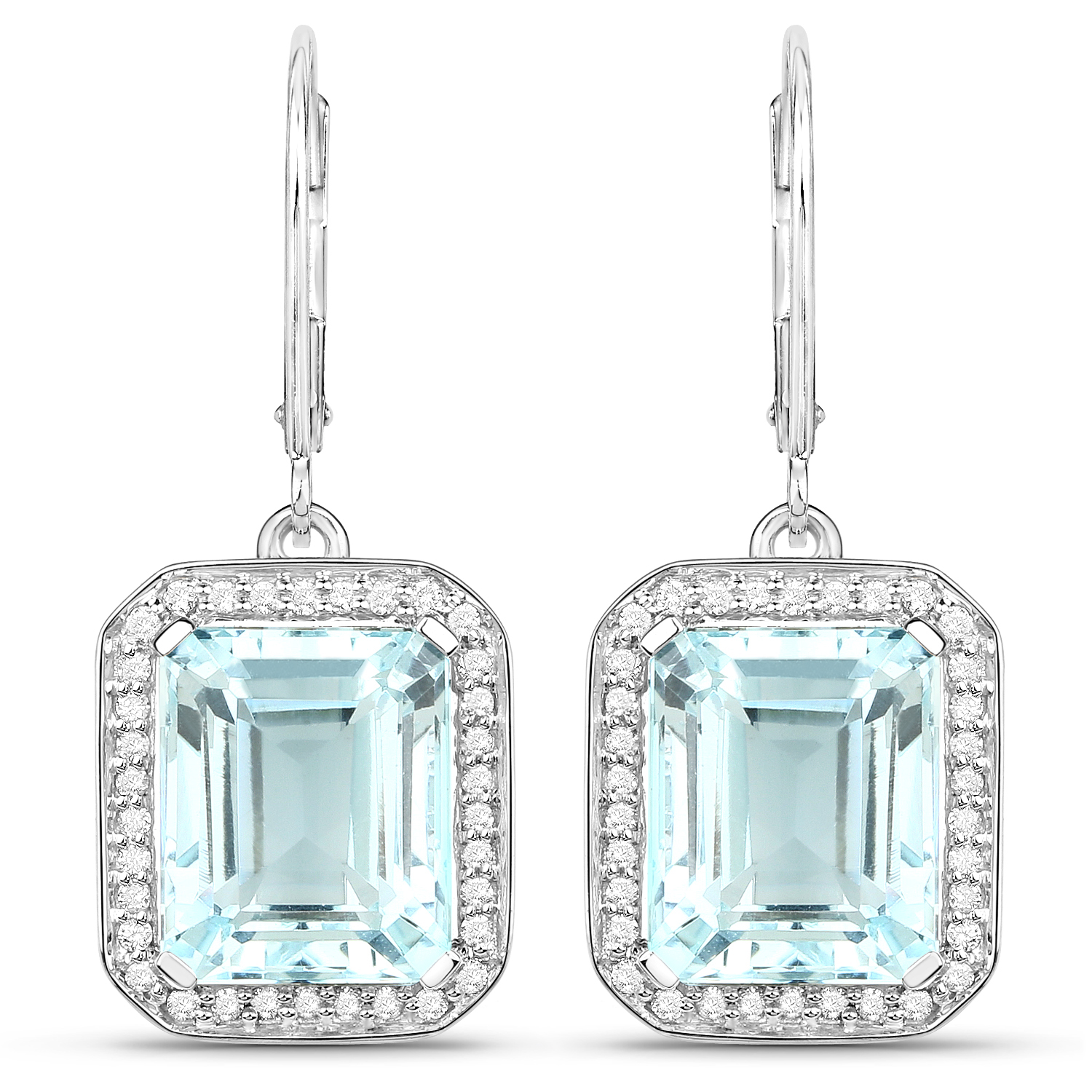 10.81 Carat Genuine Aquamarine and White Diamond 14K White Gold Earrings