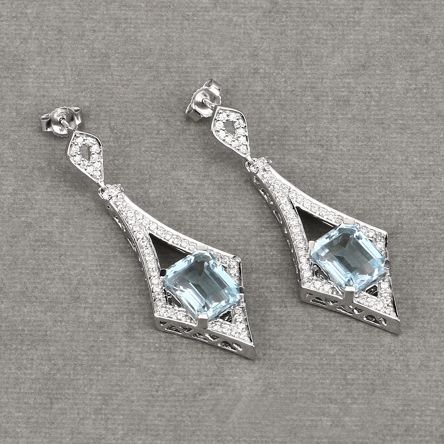 5.67 Carat Genuine Aquamarine and White Diamond 14K White Gold Earrings