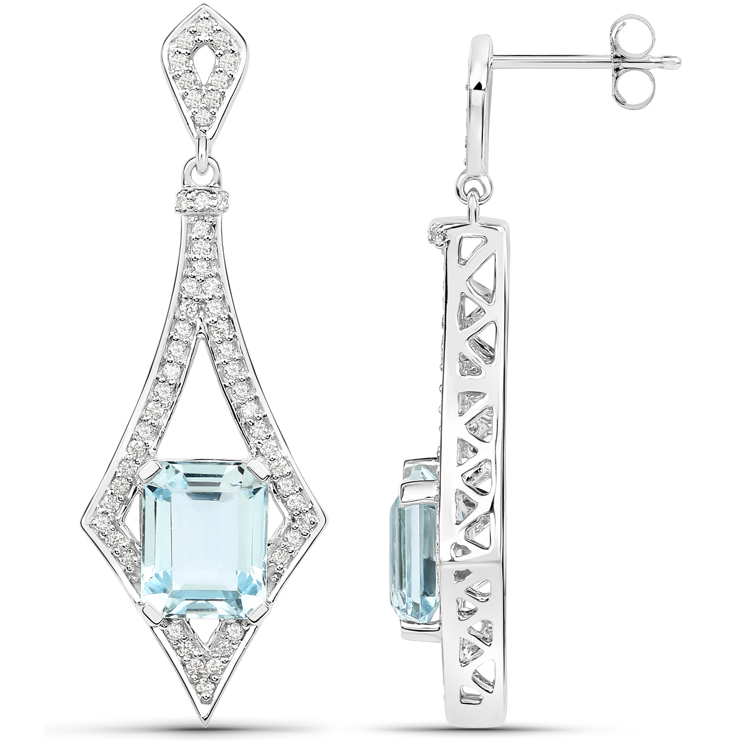 5.67 Carat Genuine Aquamarine and White Diamond 14K White Gold Earrings