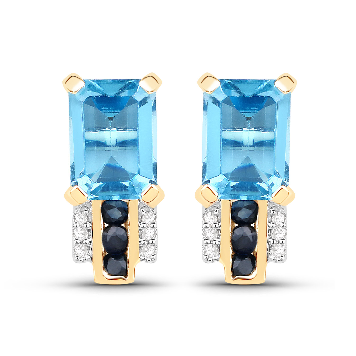 2.56 Carat Genuine Swiss Blue Topaz, Blue Sapphire and White Diamond 14K Yellow Gold Earrings