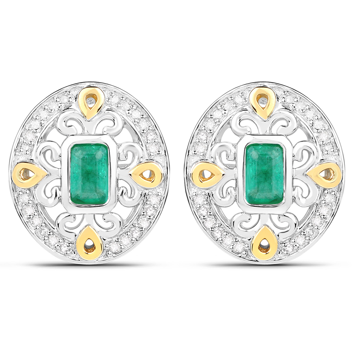 0.69 Carat Genuine Zambian Emerald and White Diamond 14K Yellow Gold with .925 Sterling Silver Earrings