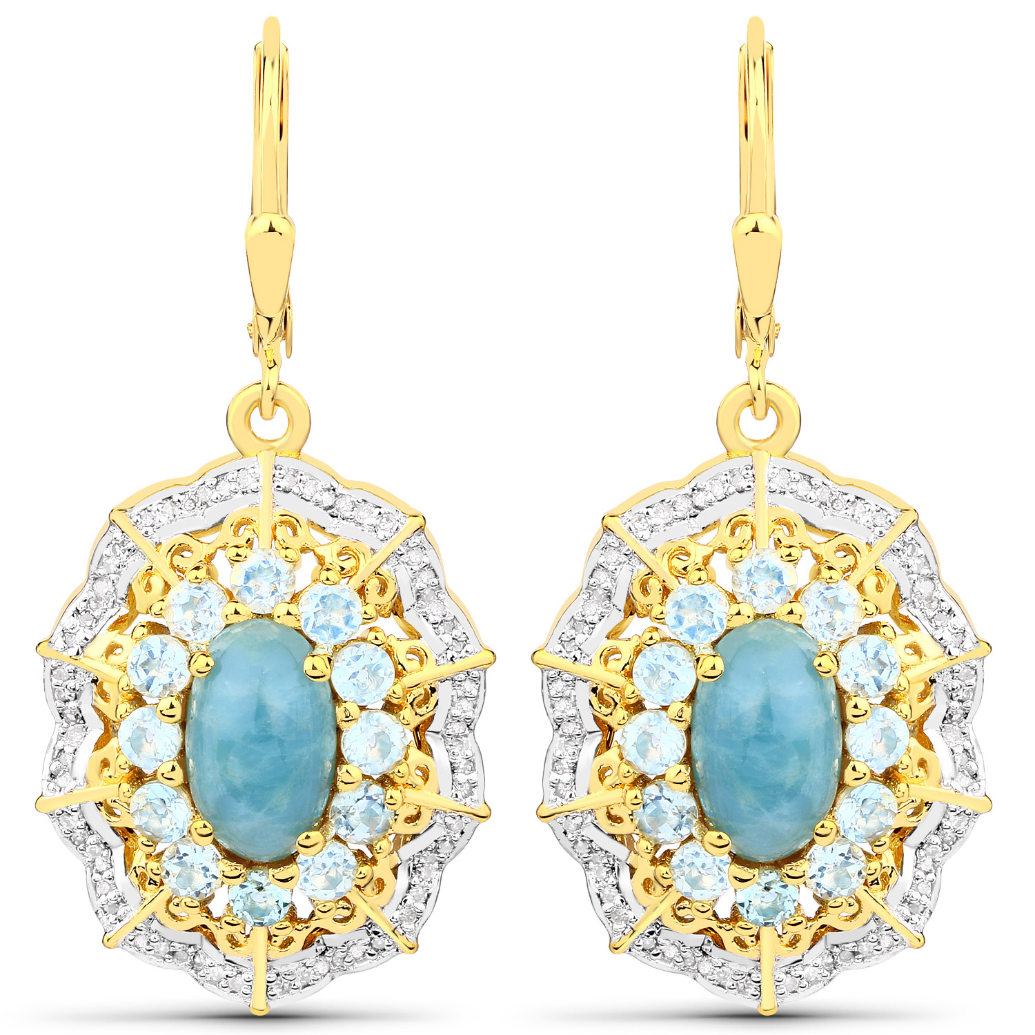 5.97 Carat Genuine Aquamarine and White Diamond .925 Sterling Silver Earrings