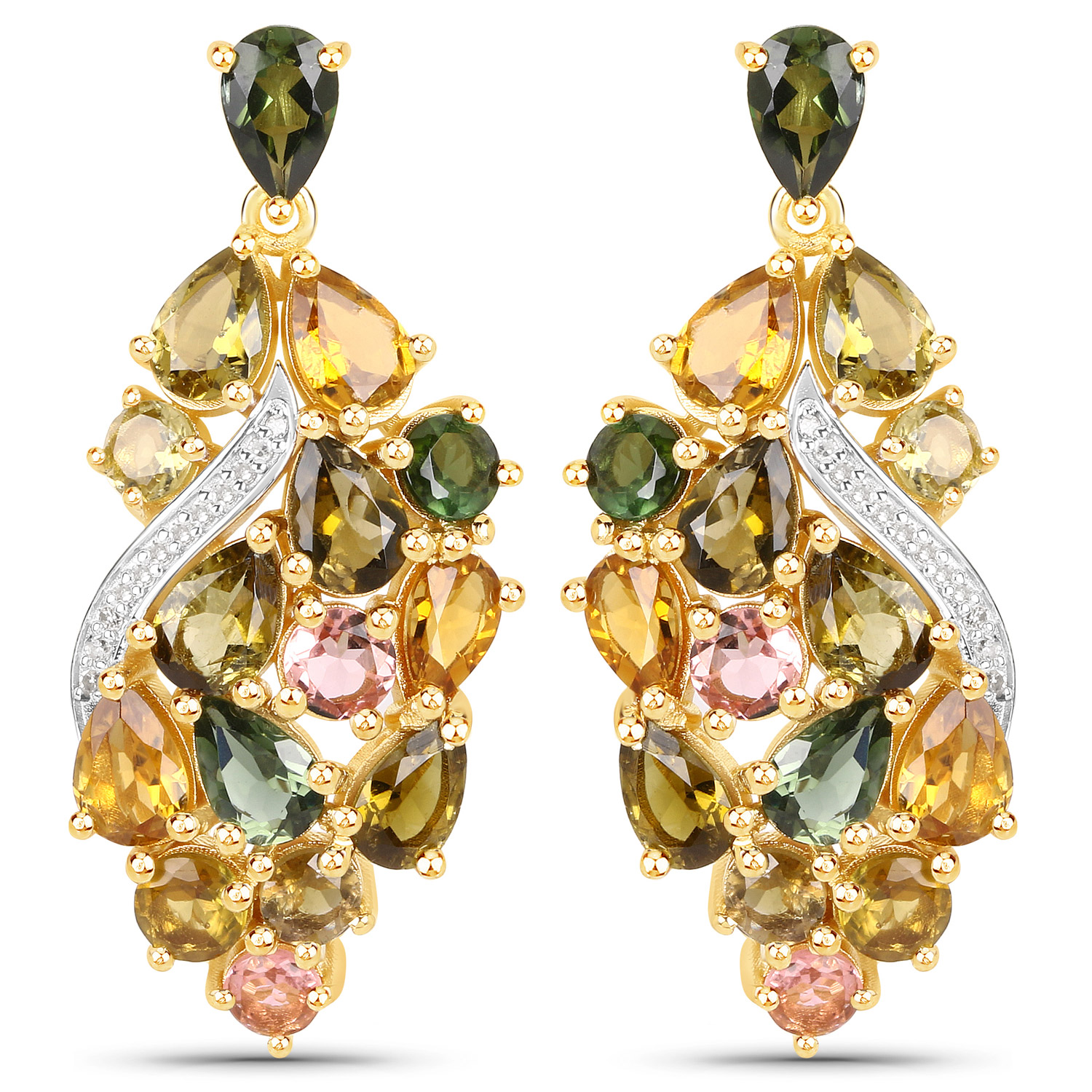 9.76 Carat Genuine Multi Tourmaline and White Diamond .925 Sterling Silver Earrings