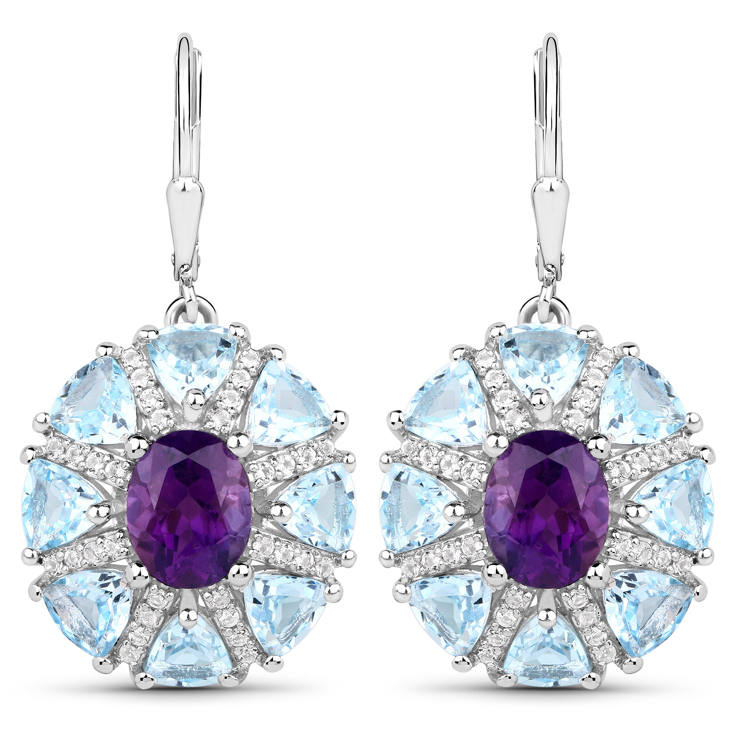 11.52 Carat Genuine Amethyst, Blue Topaz and White Topaz .925 Sterling Silver Earrings
