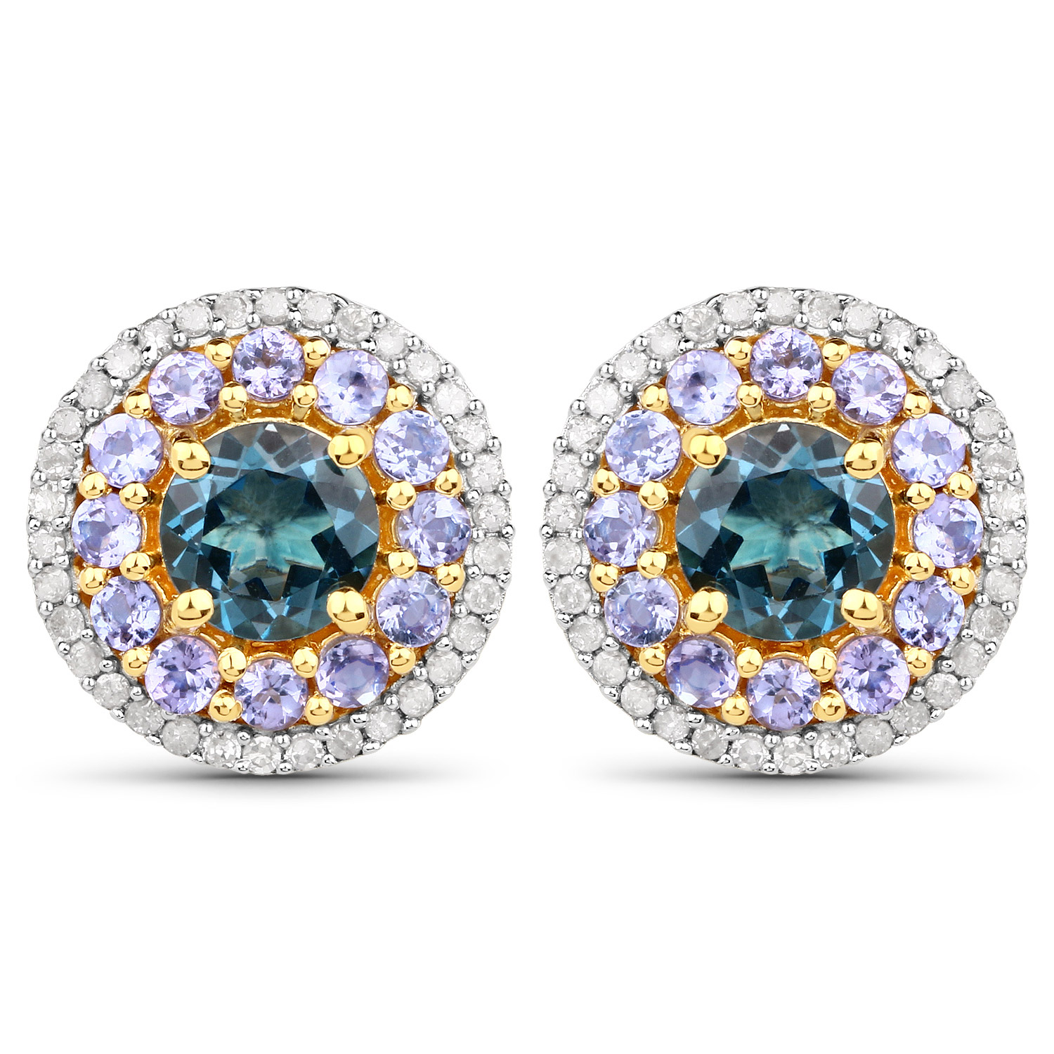 3.19 Carat Genuine London Blue Topaz, Tanzanite and White Diamond .925 Sterling Silver Earrings