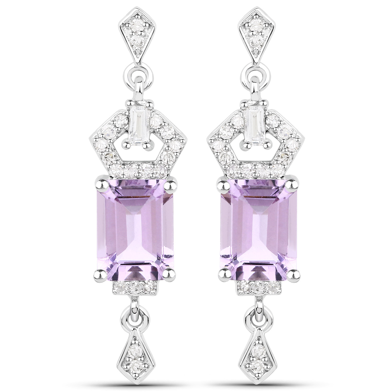 3.59 Carat Genuine Pink Amethyst, White Topaz and White Diamond .925 Sterling Silver Earrings