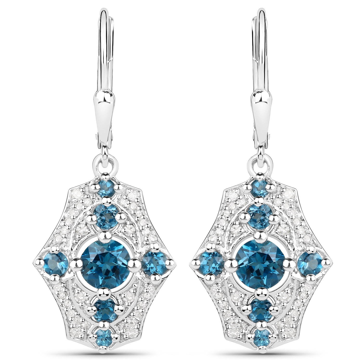 2.13 Carat Genuine London Blue Topaz and White Diamond .925 Sterling Silver Earrings