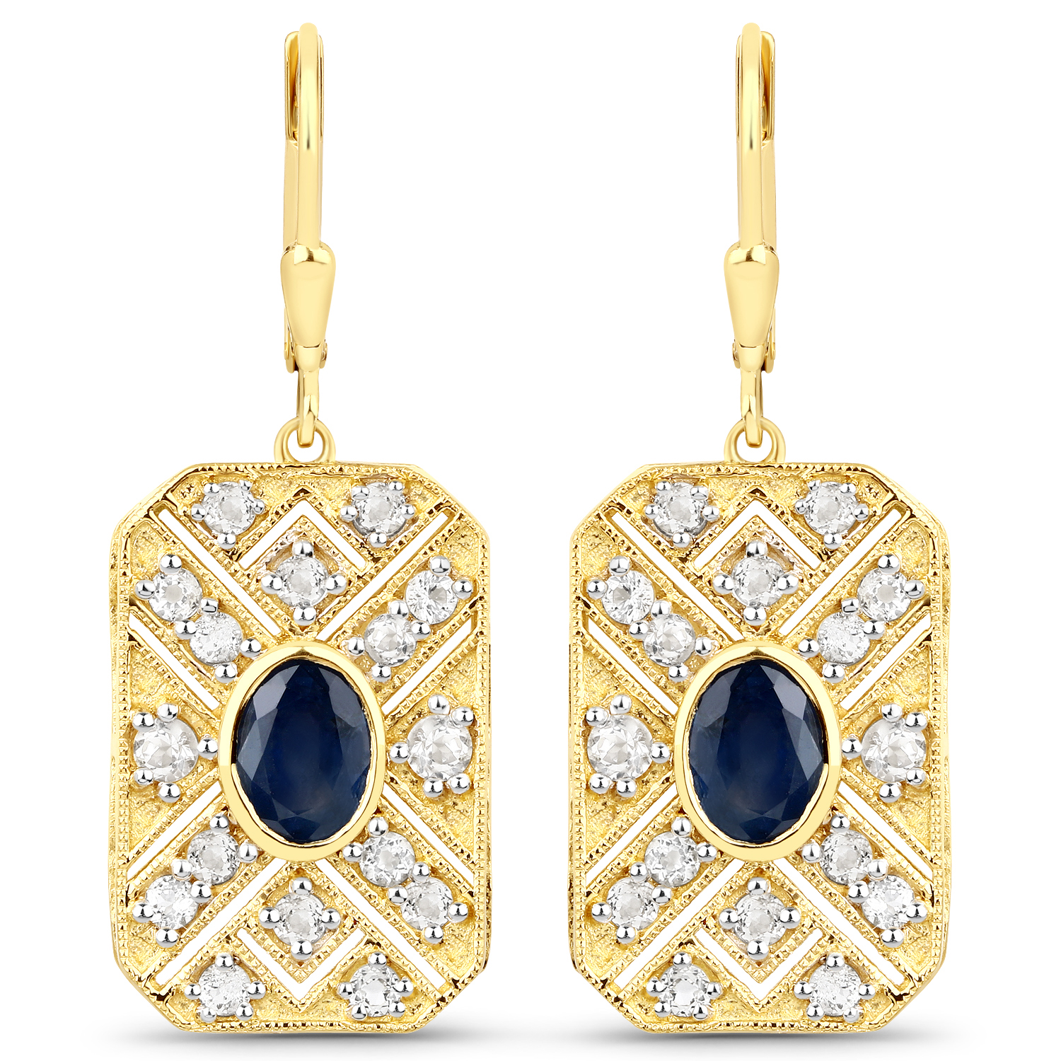 3.34 Carat Genuine Blue Sapphire and White Topaz .925 Sterling Silver Earrings