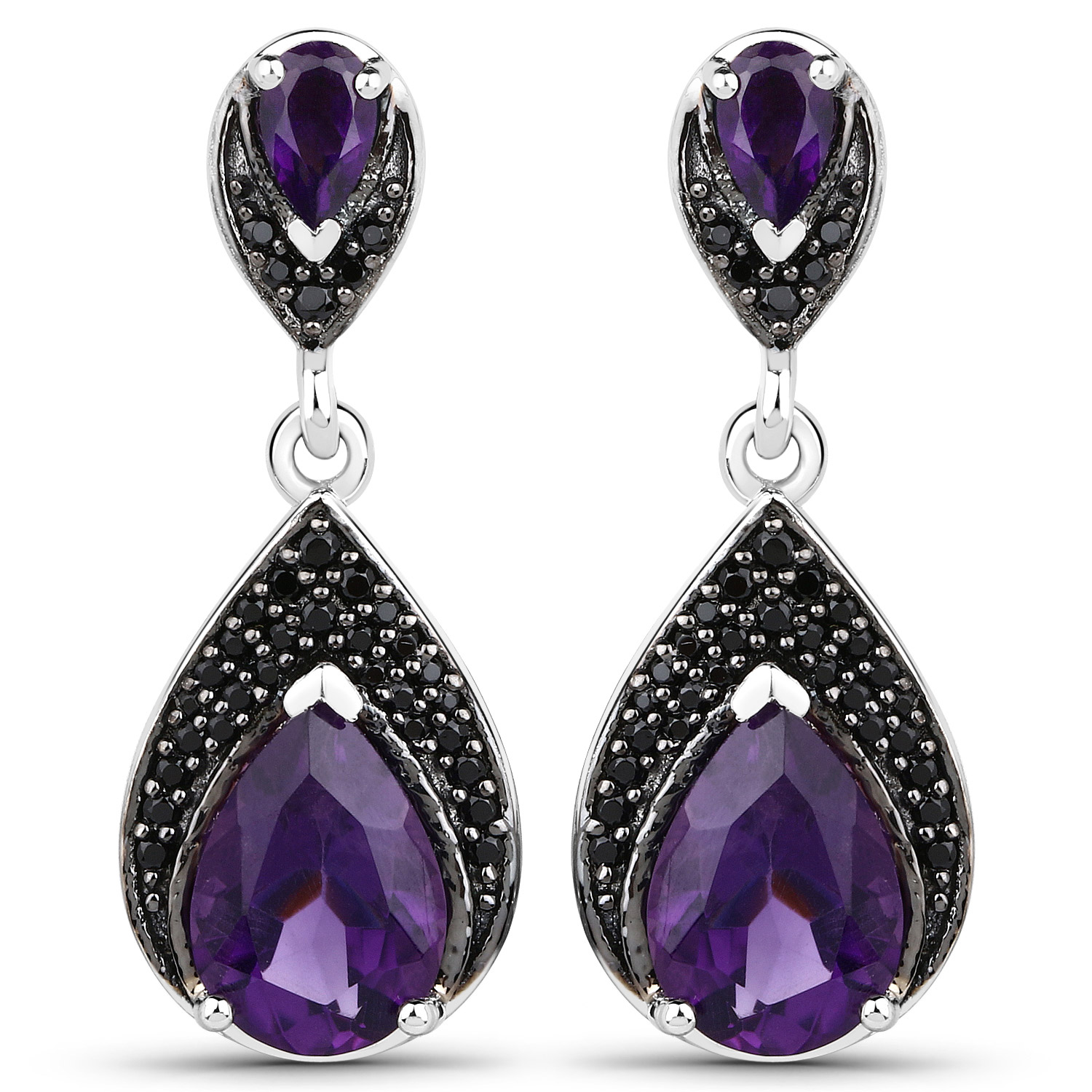 3.48 Carat Genuine Amethyst and Black Spinel .925 Sterling Silver Earrings