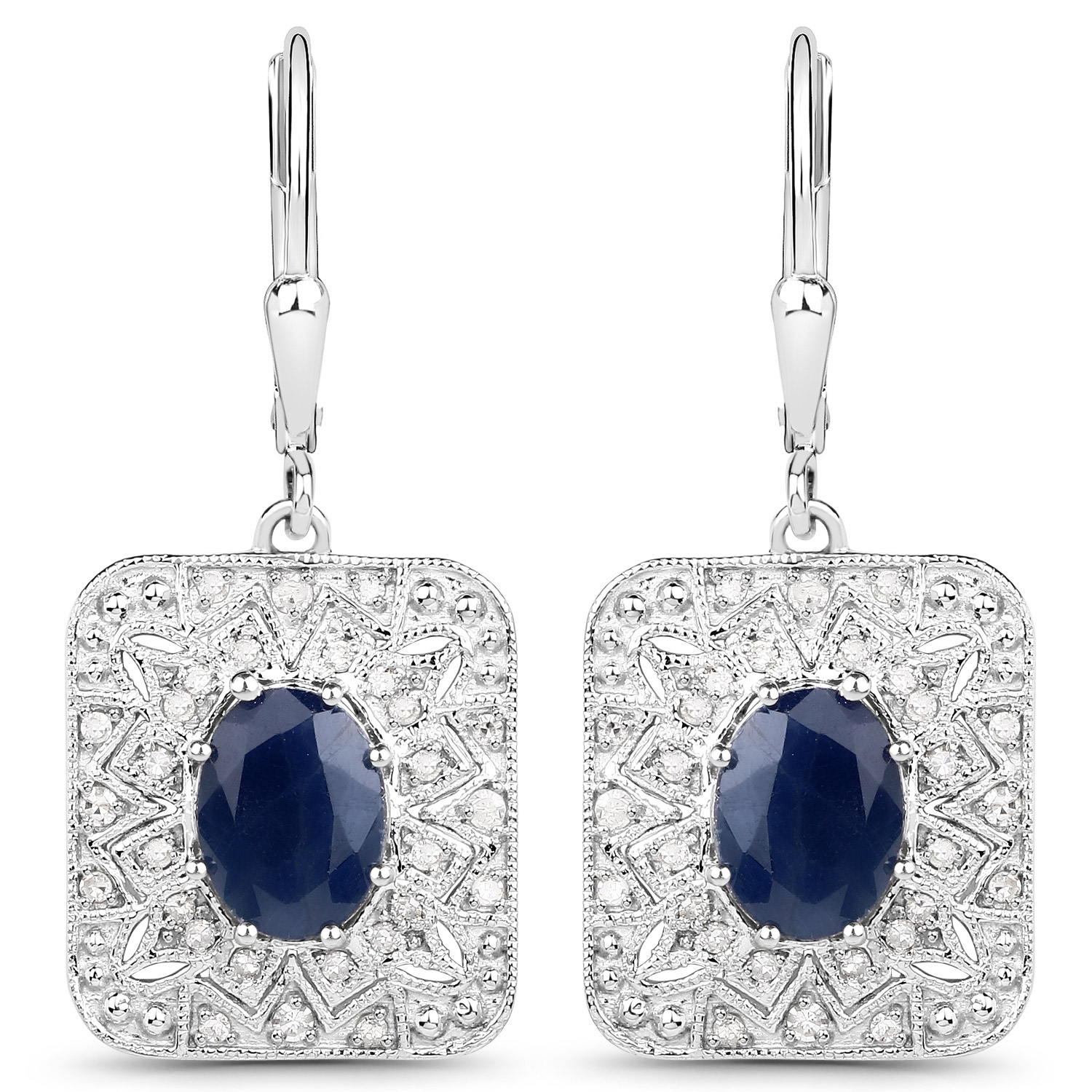 3.36 Carat Genuine Blue Sapphire and White Diamond .925 Sterling Silver Earrings