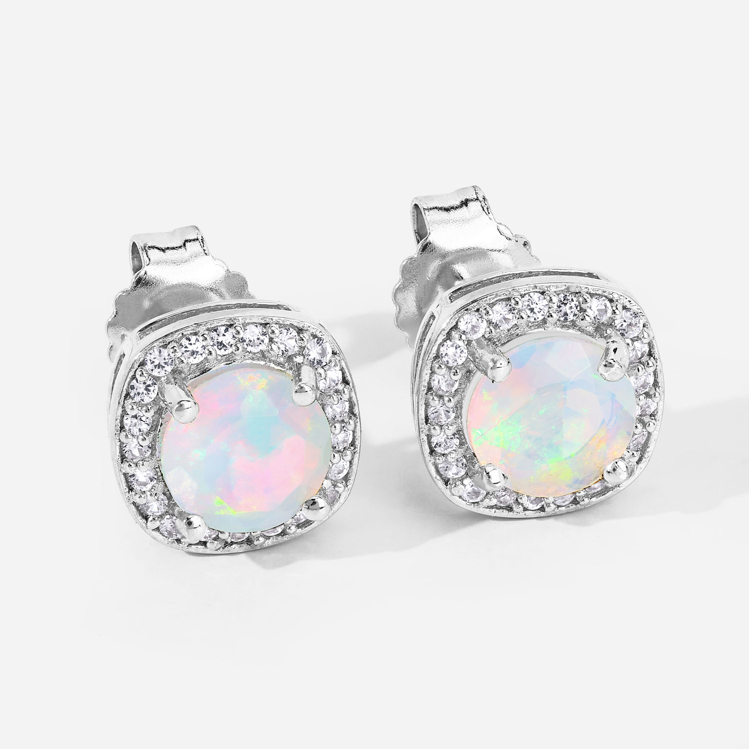 1.22 Carat Genuine Ethiopian Opal and Created White Sapphire .925 Sterling Silver Earrings