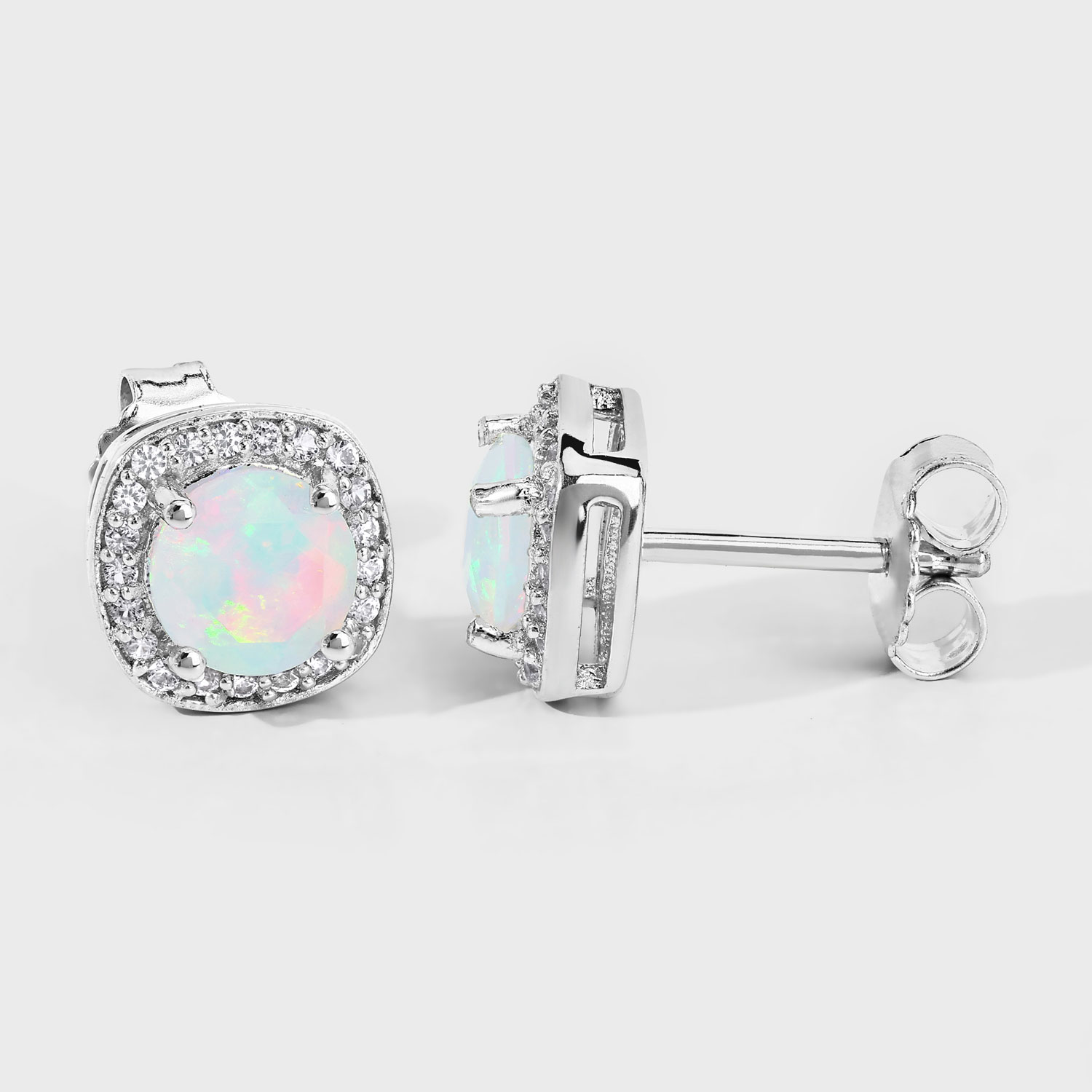 1.22 Carat Genuine Ethiopian Opal and Created White Sapphire .925 Sterling Silver Earrings