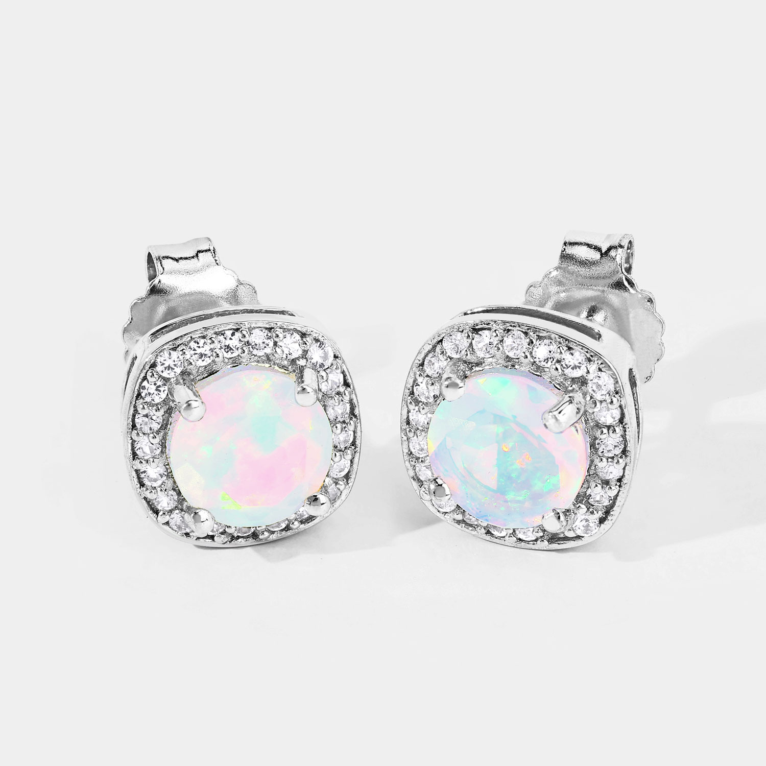1.22 Carat Genuine Ethiopian Opal and Created White Sapphire .925 Sterling Silver Earrings