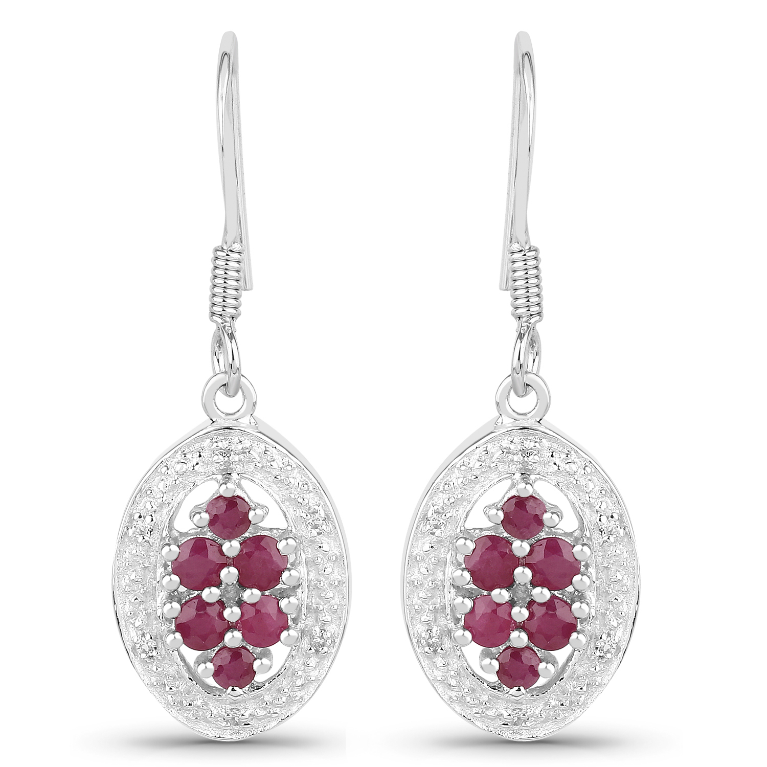 1.14 Carat Genuine Ruby & White Diamond .925 Sterling Silver Earrings
