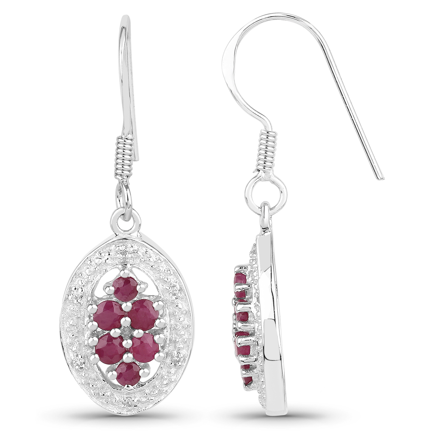 1.14 Carat Genuine Ruby & White Diamond .925 Sterling Silver Earrings